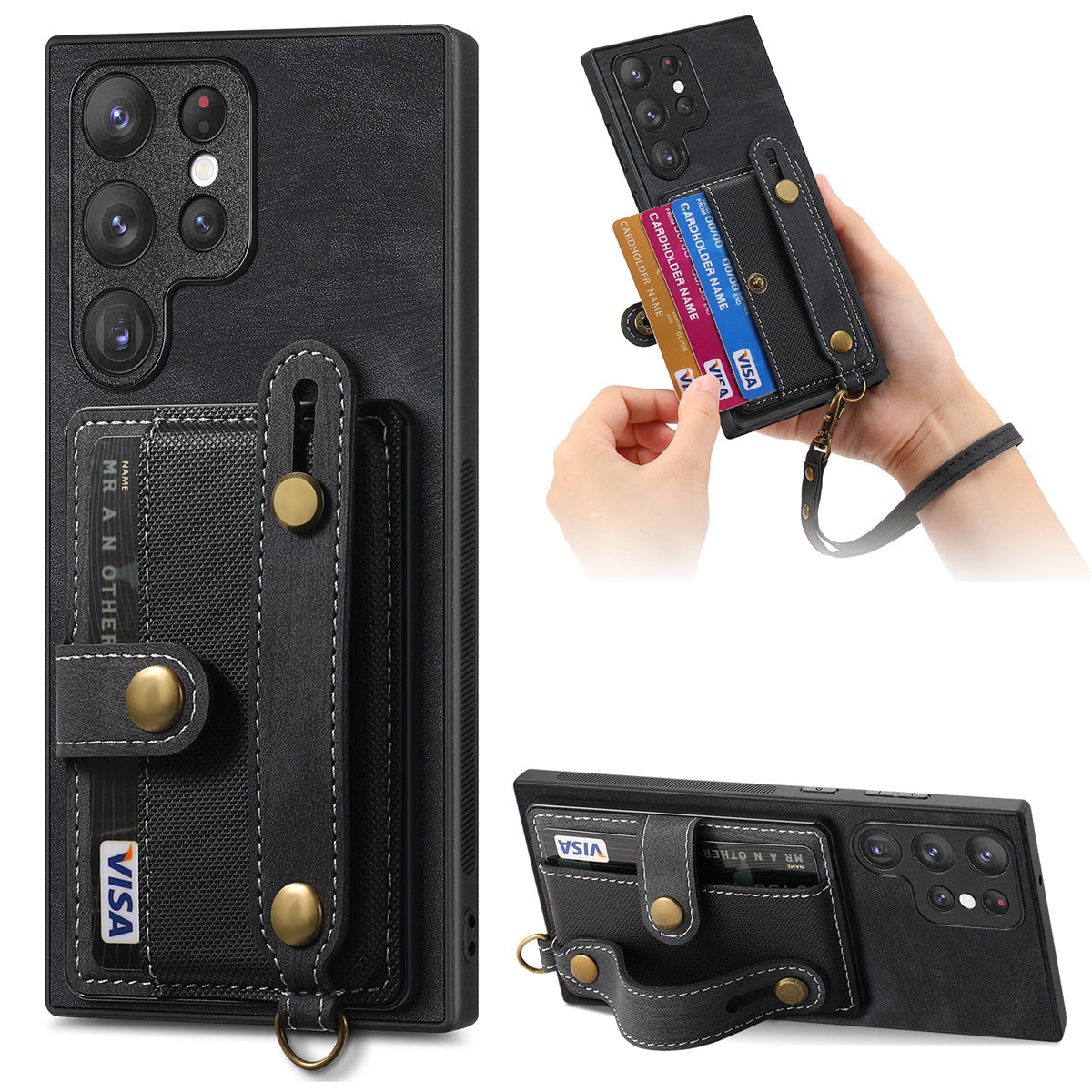 D9 For Samsung Galaxy S23 Ultra Case Card Holder Retro Leather Coated PC+TPU Wristband Phone Cover