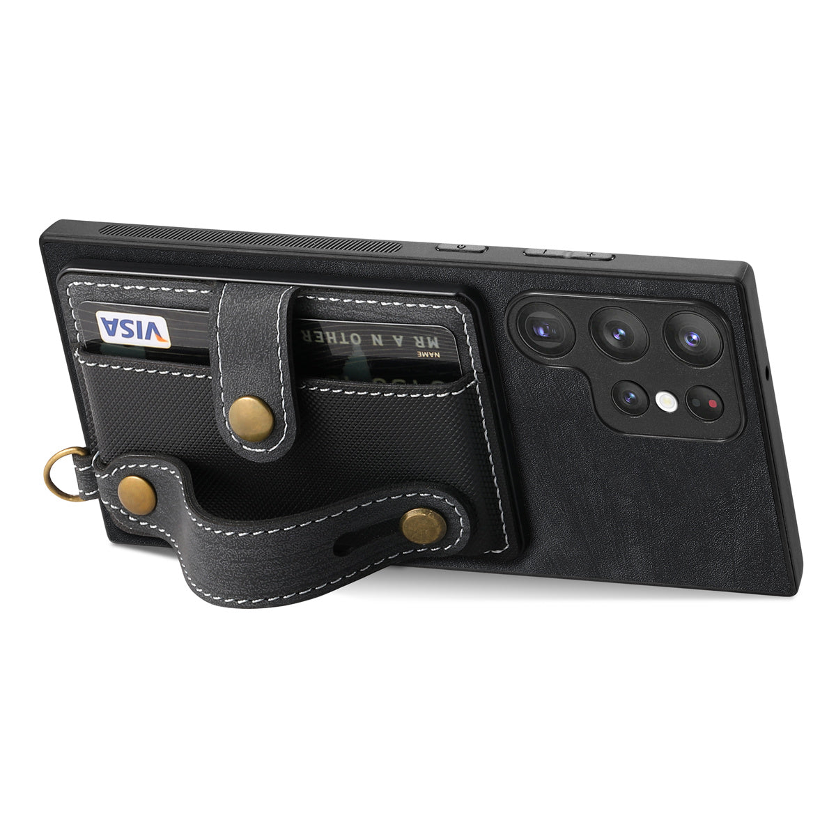 D9 For Samsung Galaxy S23 Ultra Case Card Holder Retro Leather Coated PC+TPU Wristband Phone Cover