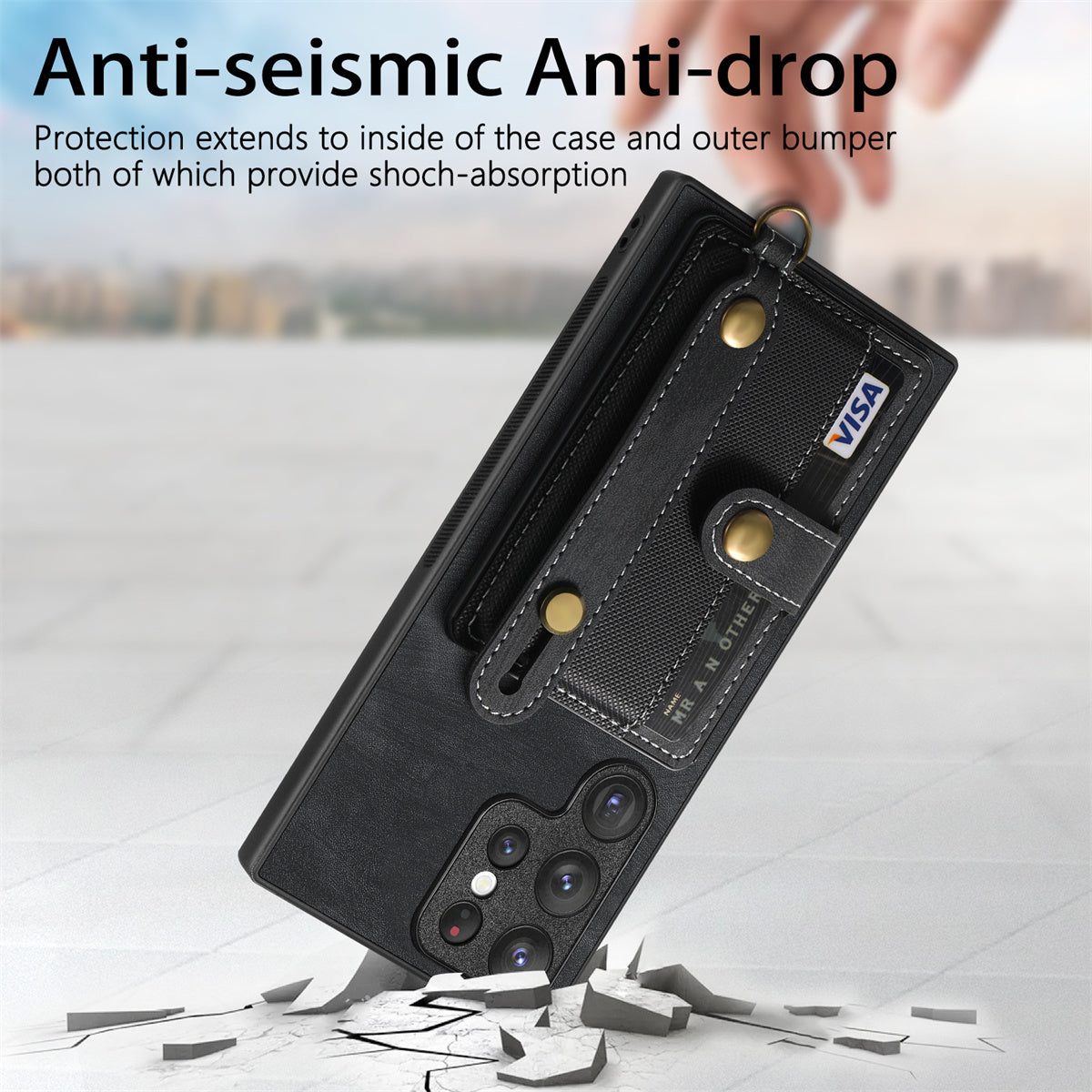 D9 For Samsung Galaxy S23 Ultra Case Card Holder Retro Leather Coated PC+TPU Wristband Phone Cover