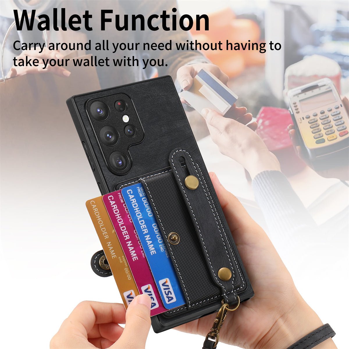 D9 For Samsung Galaxy S23 Ultra Case Card Holder Retro Leather Coated PC+TPU Wristband Phone Cover