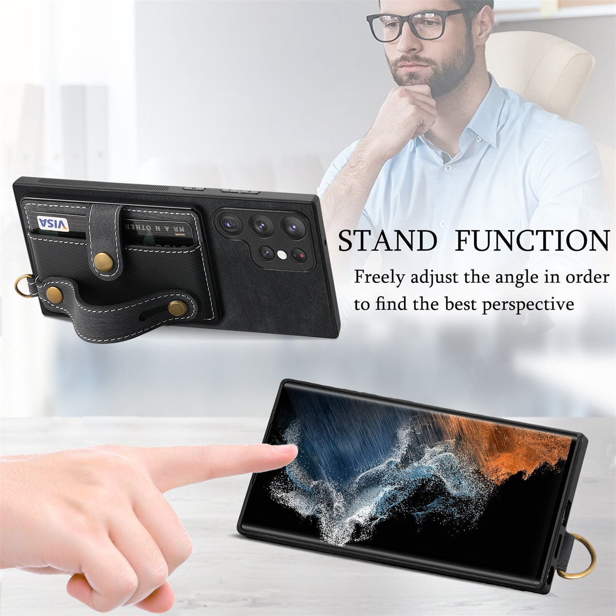 D9 For Samsung Galaxy S23 Ultra Case Card Holder Retro Leather Coated PC+TPU Wristband Phone Cover