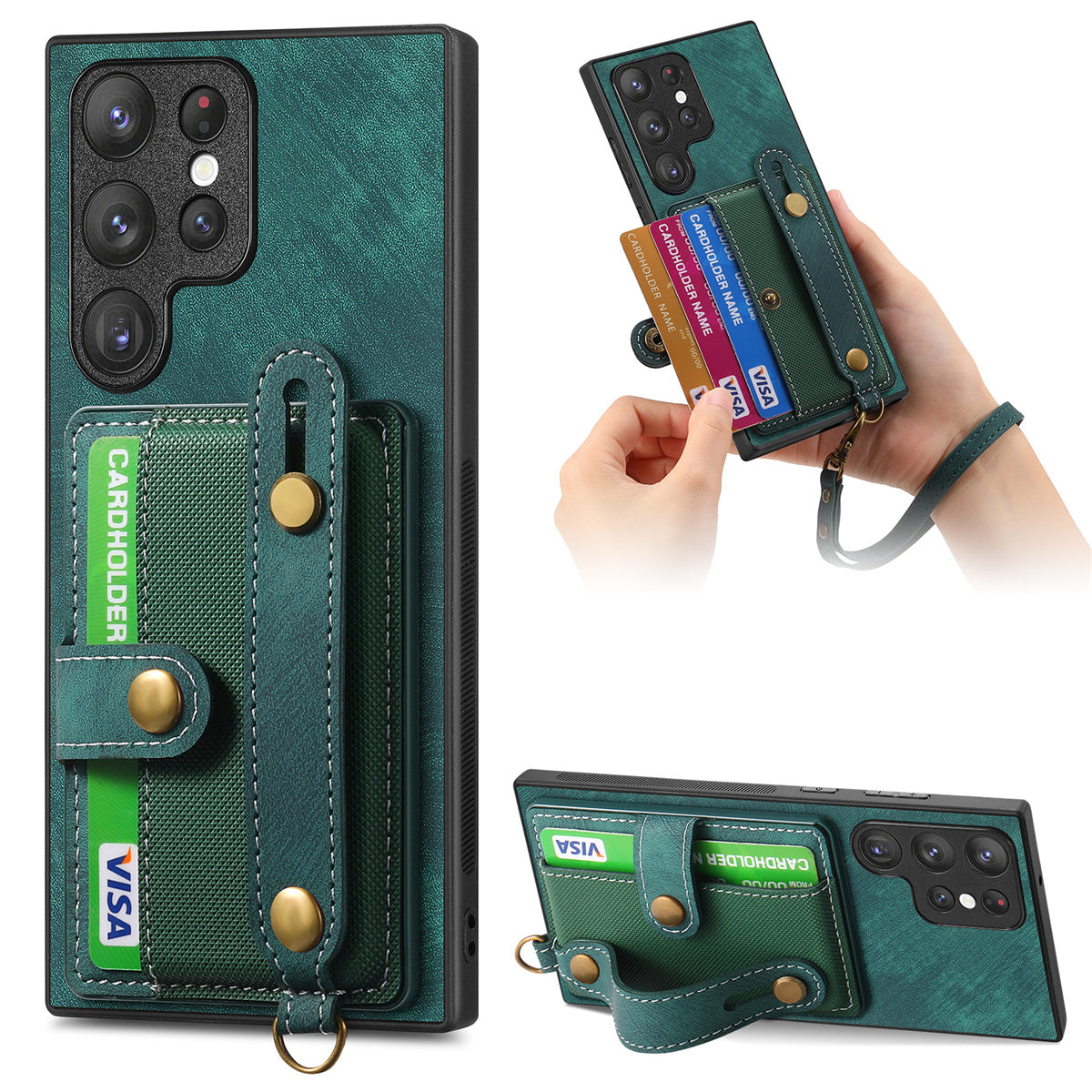 D9 For Samsung Galaxy S23 Ultra Case Card Holder Retro Leather Coated PC+TPU Wristband Phone Cover
