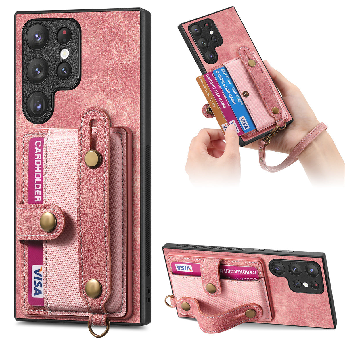 D9 For Samsung Galaxy S23 Ultra Case Card Holder Retro Leather Coated PC+TPU Wristband Phone Cover