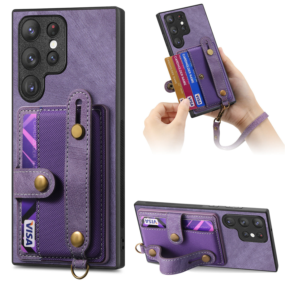 D9 For Samsung Galaxy S23 Ultra Case Card Holder Retro Leather Coated PC+TPU Wristband Phone Cover