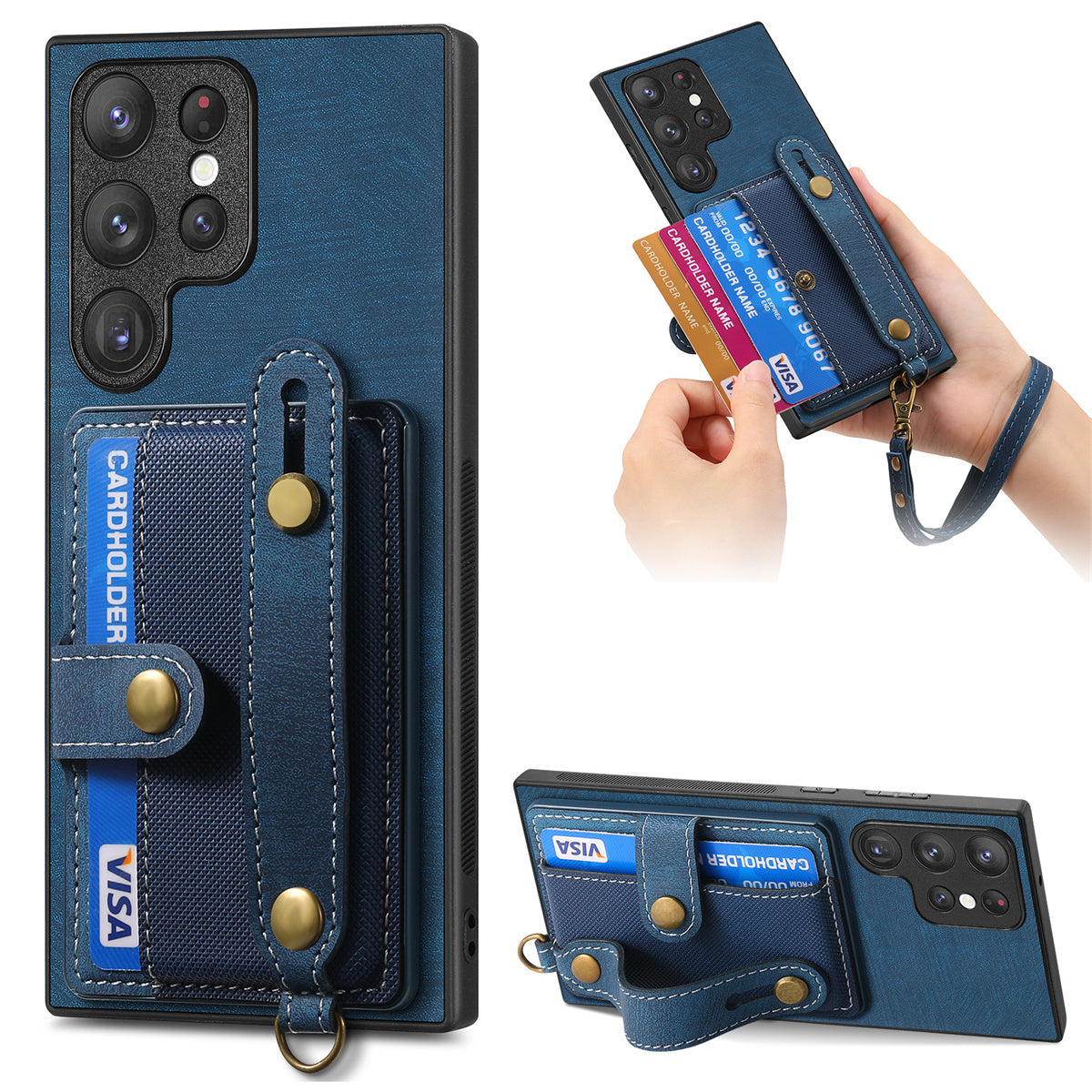 D9 For Samsung Galaxy S23 Ultra Case Card Holder Retro Leather Coated PC+TPU Wristband Phone Cover