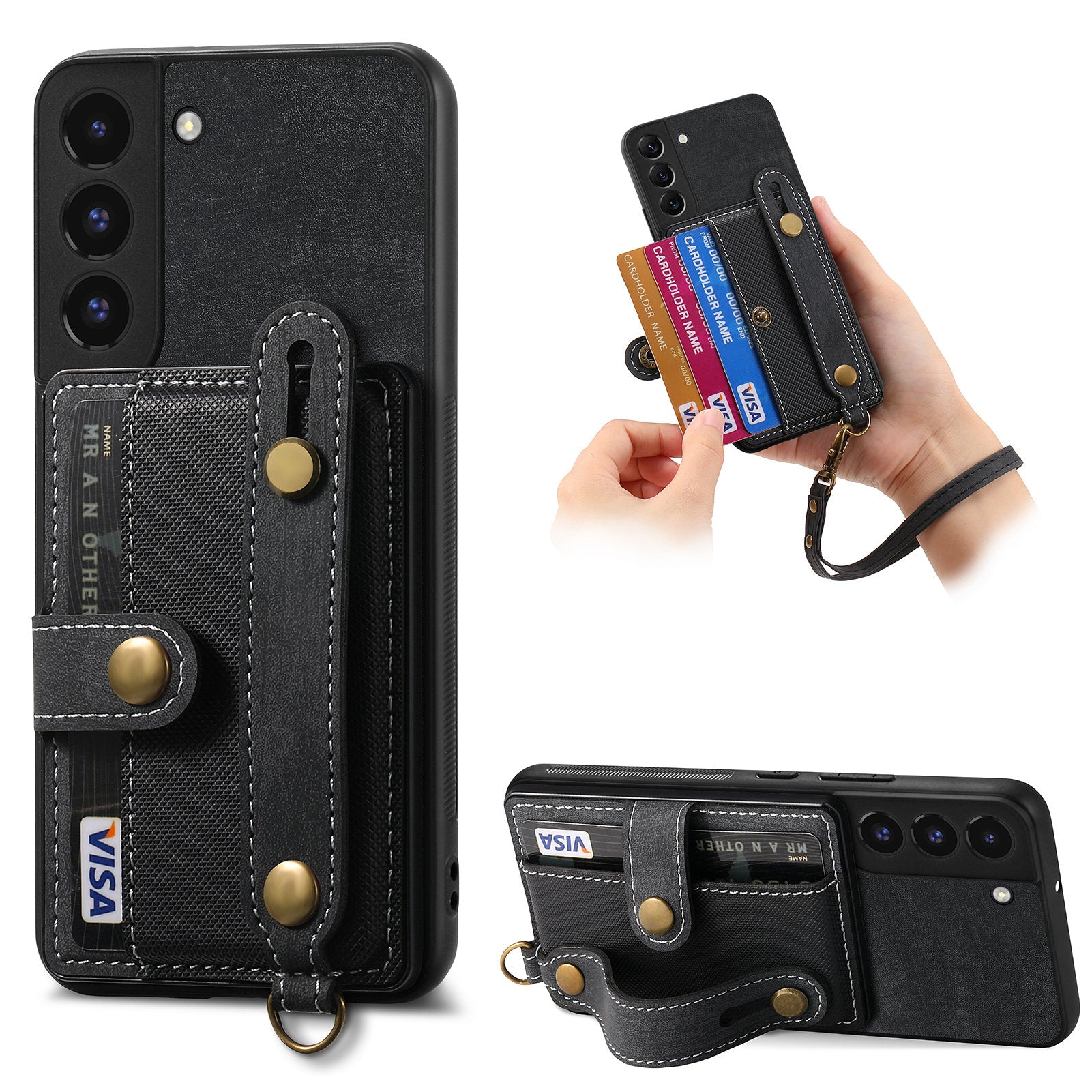 D9 For Samsung Galaxy S22 5G Case Leather Coated TPU+PC Bump Proof Back Shell with Card Slot