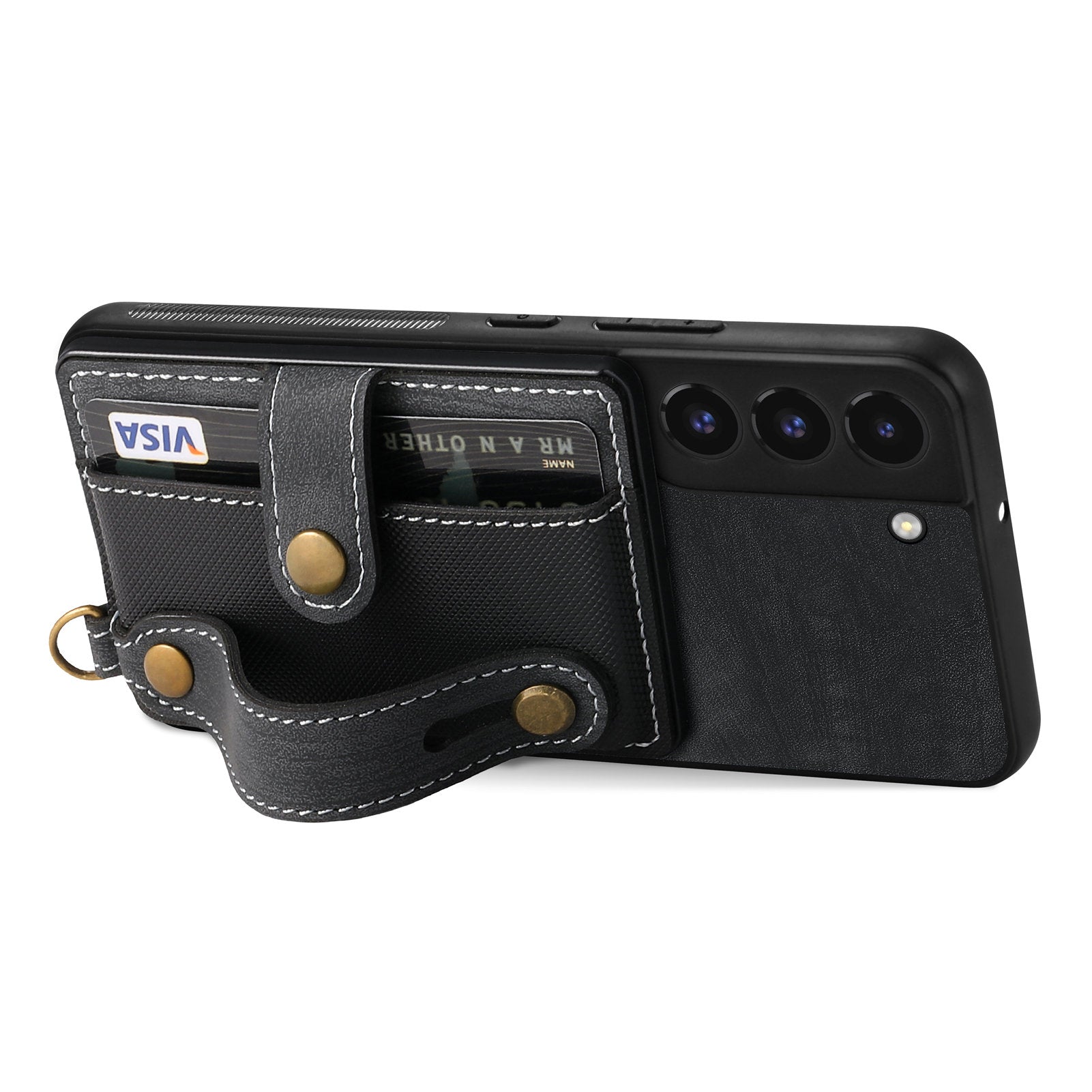 D9 For Samsung Galaxy S22 5G Case Leather Coated TPU+PC Bump Proof Back Shell with Card Slot