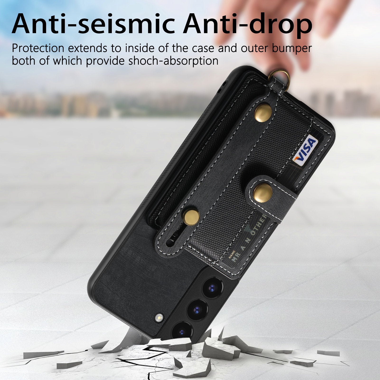 D9 For Samsung Galaxy S22 5G Case Leather Coated TPU+PC Bump Proof Back Shell with Card Slot