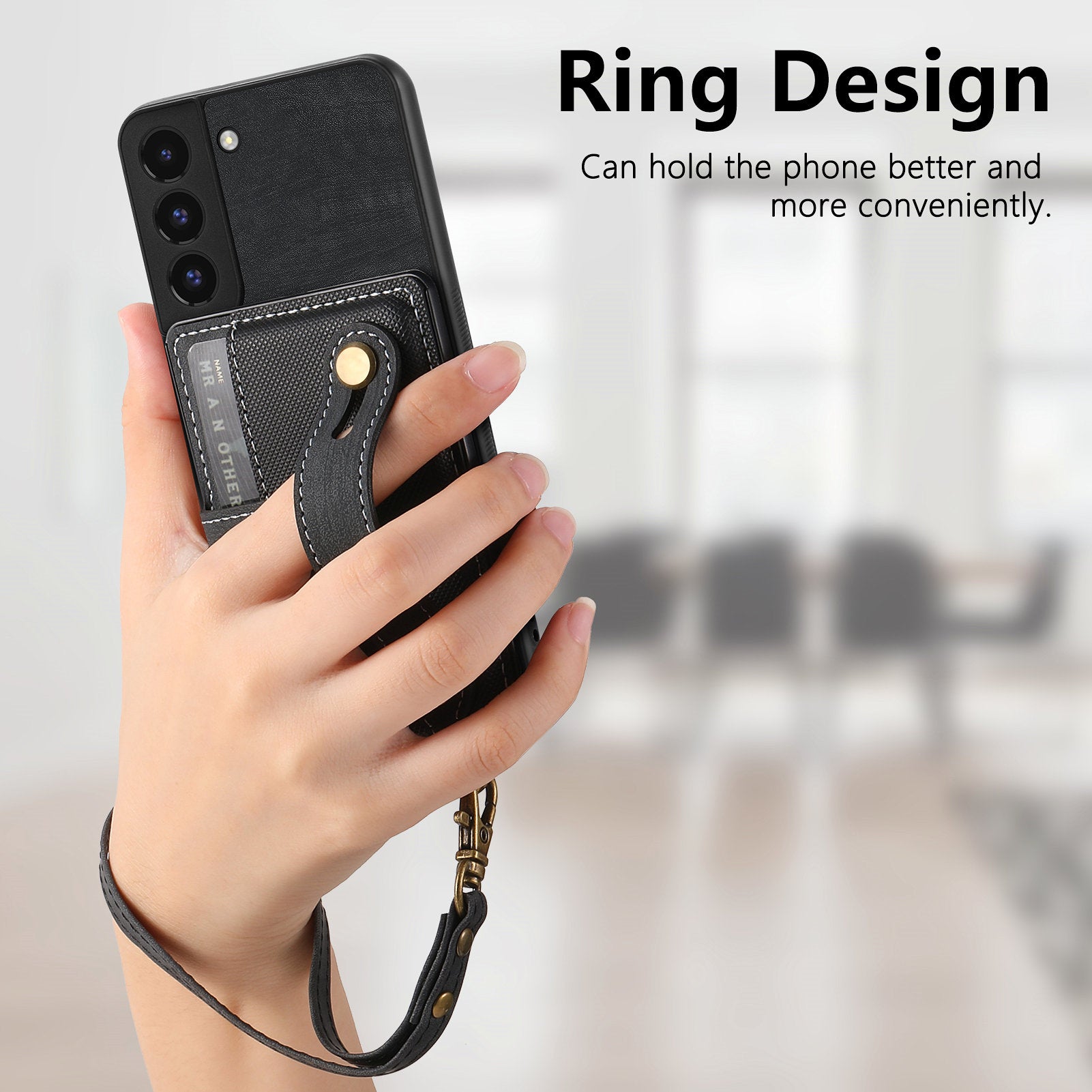 D9 For Samsung Galaxy S22 5G Case Leather Coated TPU+PC Bump Proof Back Shell with Card Slot