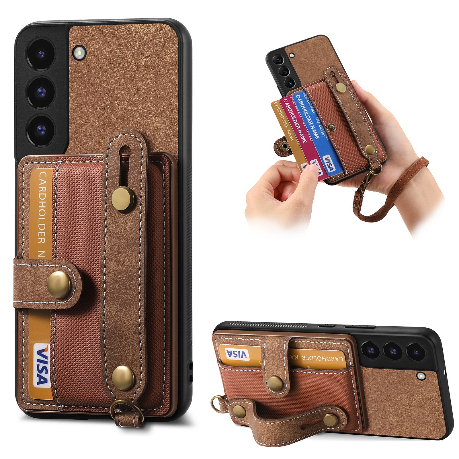 D9 For Samsung Galaxy S22 5G Case Leather Coated TPU+PC Bump Proof Back Shell with Card Slot