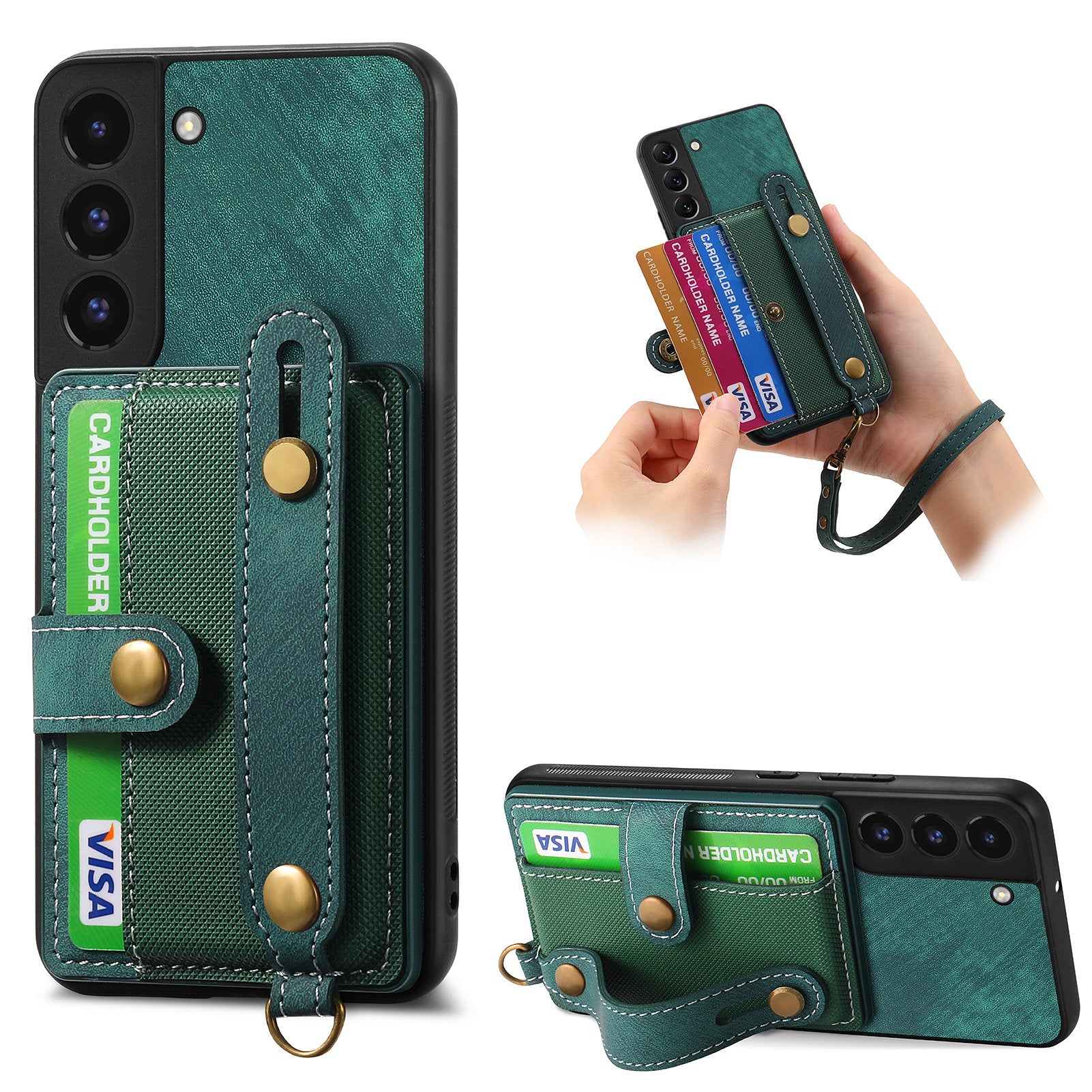 D9 For Samsung Galaxy S22 5G Case Leather Coated TPU+PC Bump Proof Back Shell with Card Slot