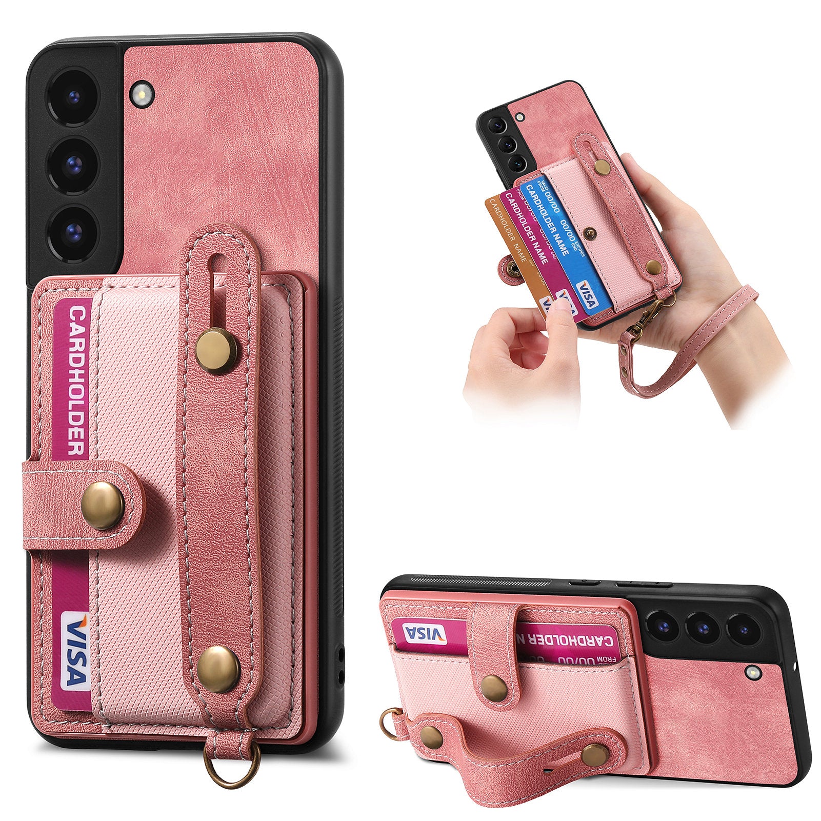 D9 For Samsung Galaxy S22 5G Case Leather Coated TPU+PC Bump Proof Back Shell with Card Slot