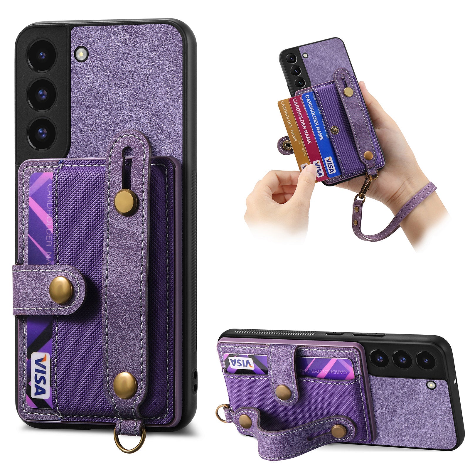 D9 For Samsung Galaxy S22 5G Case Leather Coated TPU+PC Bump Proof Back Shell with Card Slot