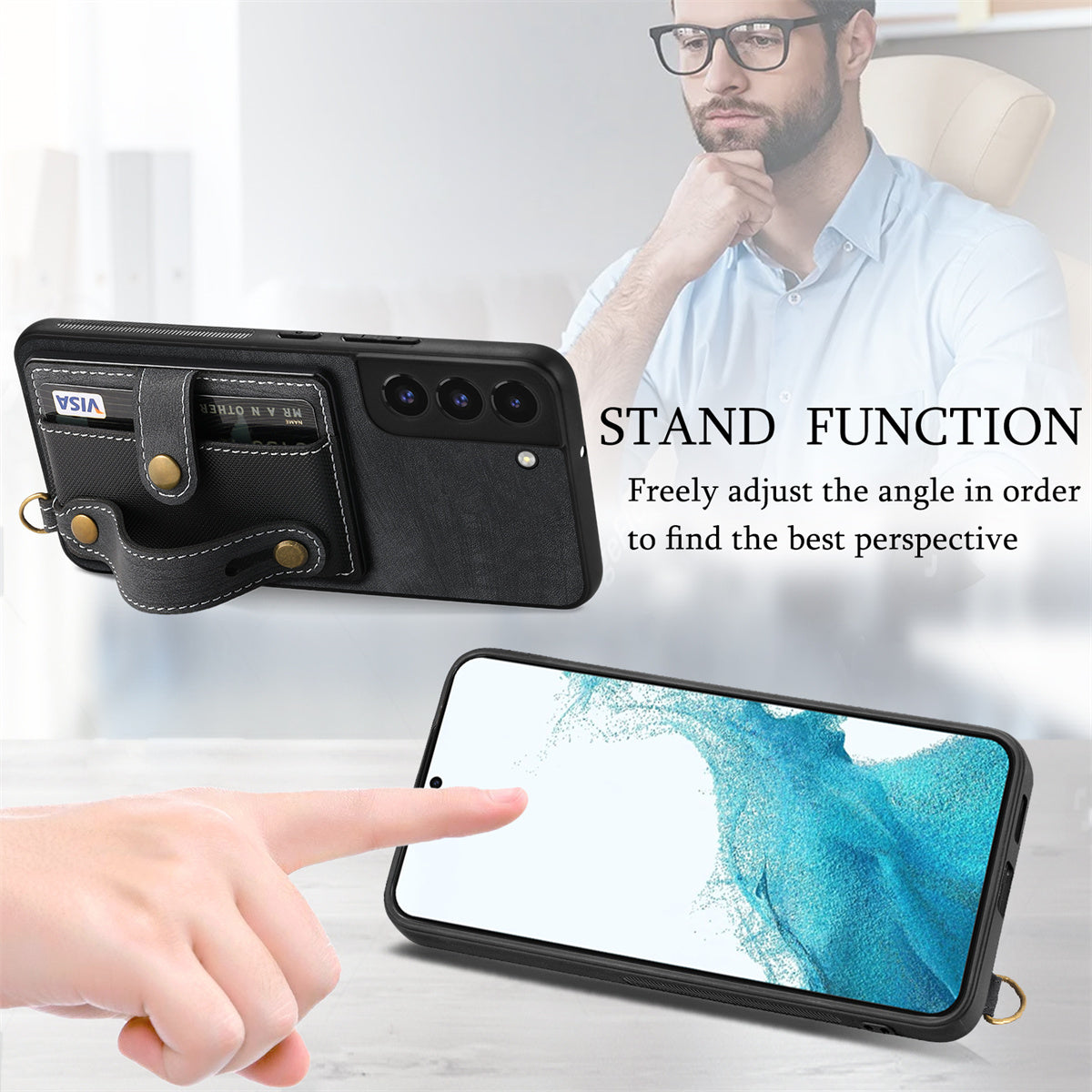 D9 For Samsung Galaxy A13 4G Case PU Leather Non-slip Finger Holder Strap Back Cover