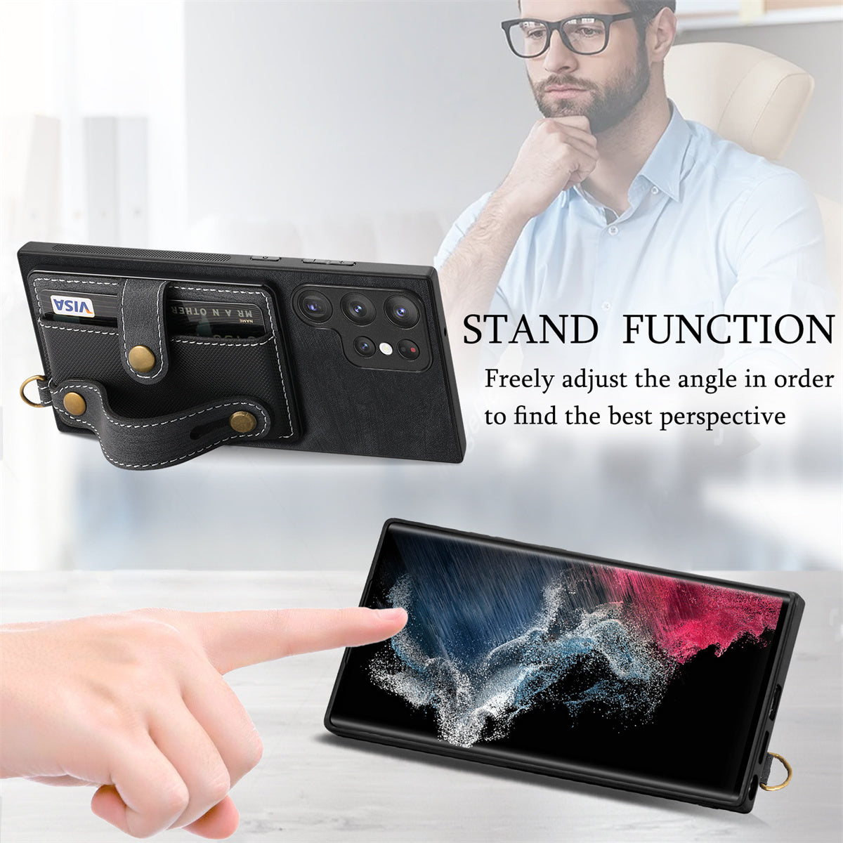 D9 For Samsung Galaxy S22 Ultra 5G Case Adjustable Strap Kickstand PU Leather+PC+TPU Phone Cover