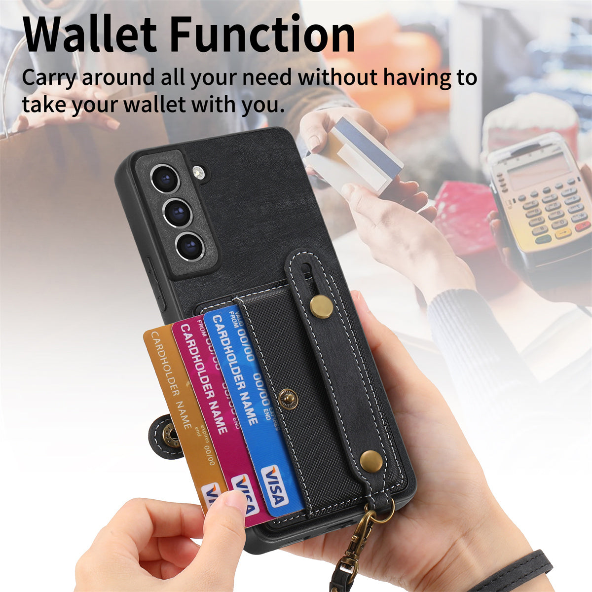 D9 For Samsung Galaxy S21 FE 5G Case PU Leather Card Holder Back Cover with Hand Strap