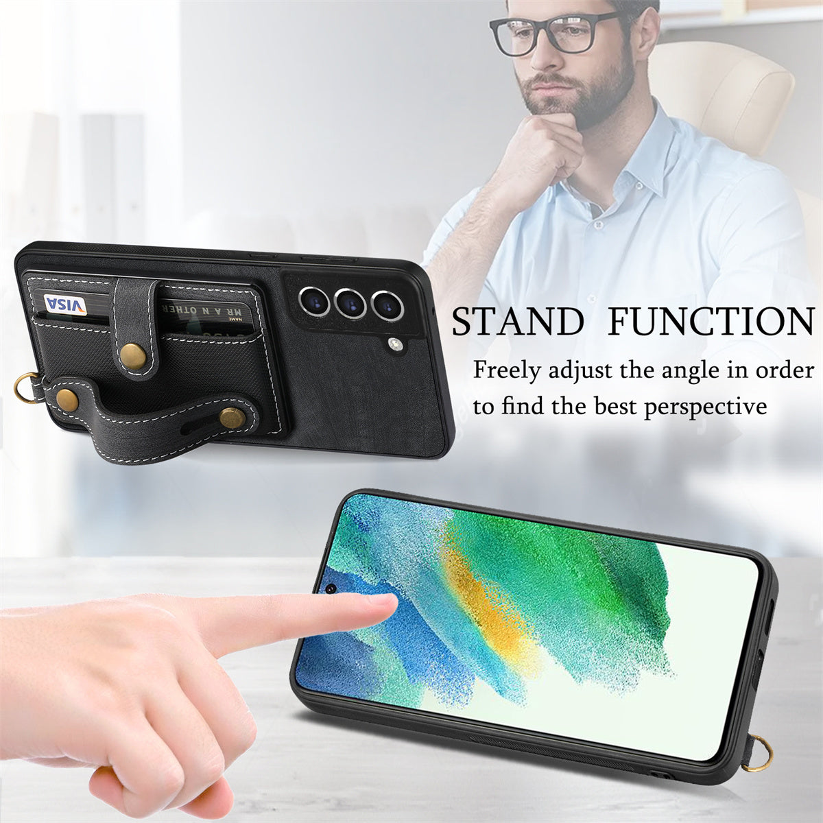 D9 For Samsung Galaxy S21 FE 5G Case PU Leather Card Holder Back Cover with Hand Strap