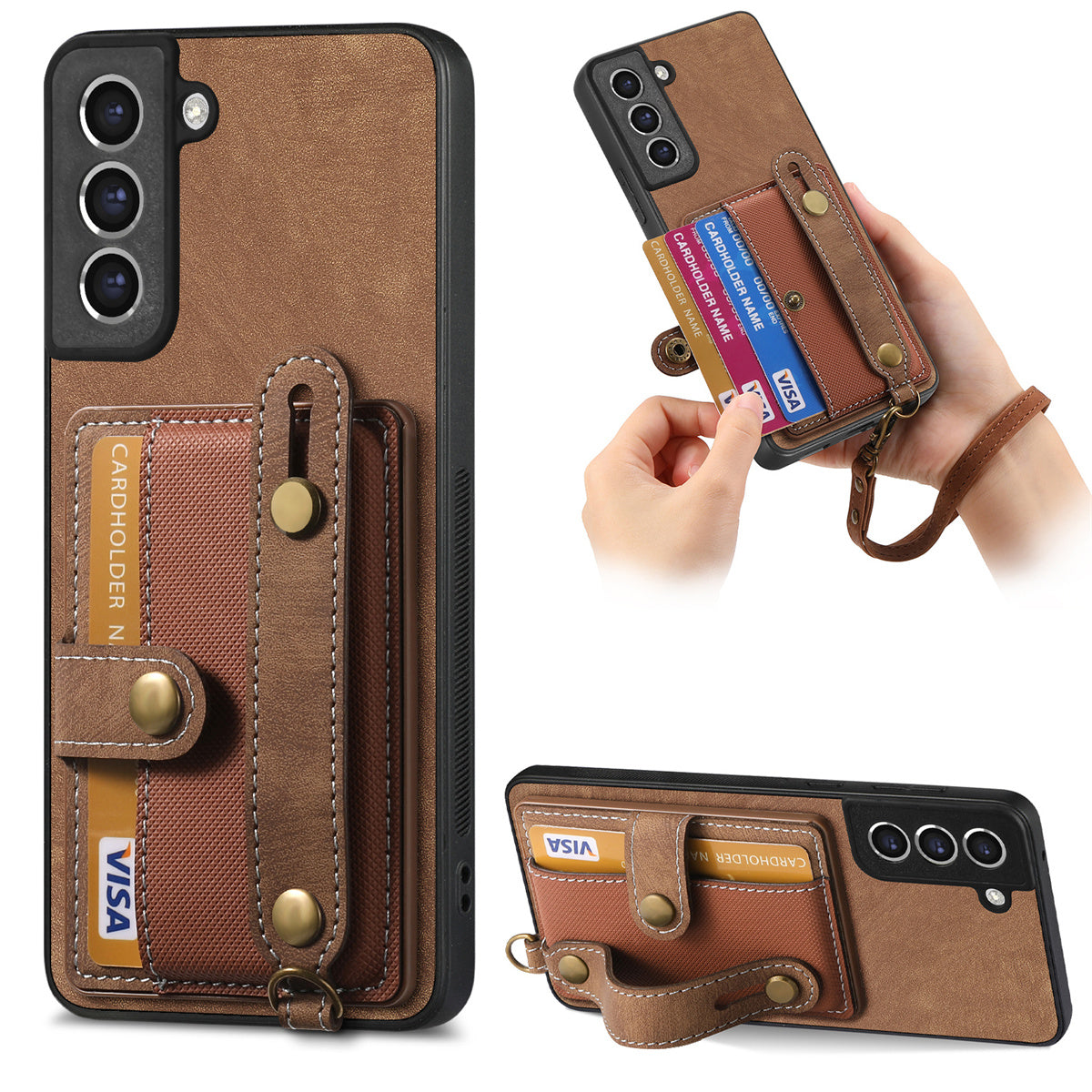 D9 For Samsung Galaxy S21 FE 5G Case PU Leather Card Holder Back Cover with Hand Strap