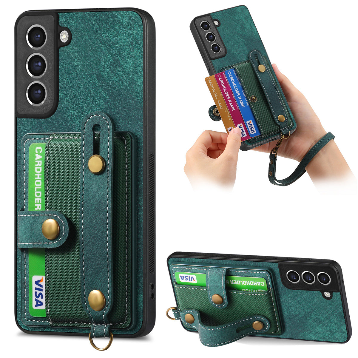 D9 For Samsung Galaxy S21 FE 5G Case PU Leather Card Holder Back Cover with Hand Strap
