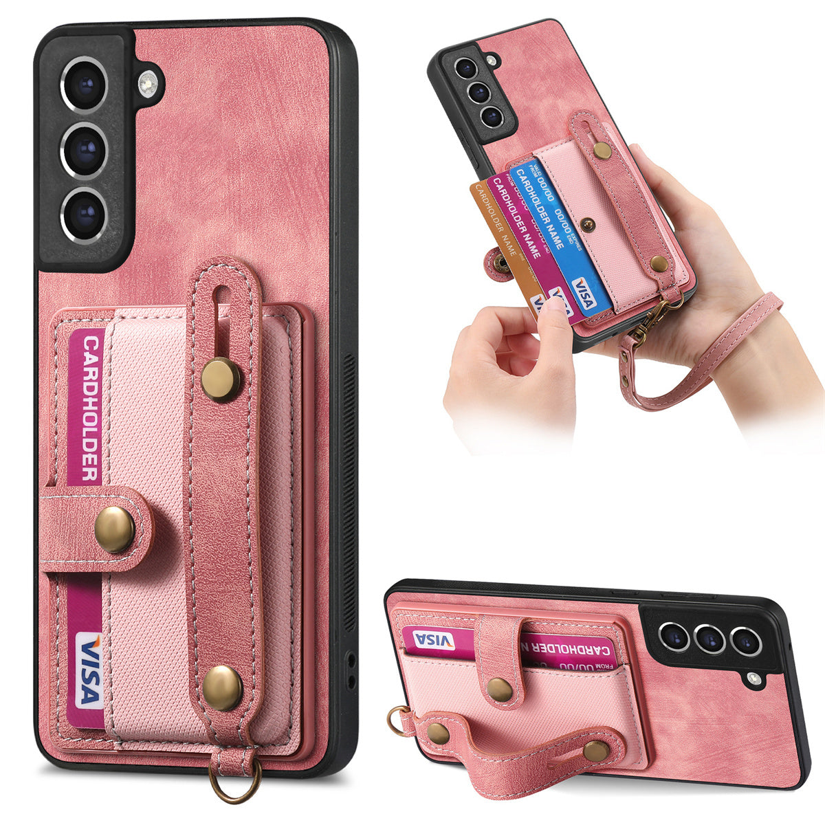 D9 For Samsung Galaxy S21 FE 5G Case PU Leather Card Holder Back Cover with Hand Strap