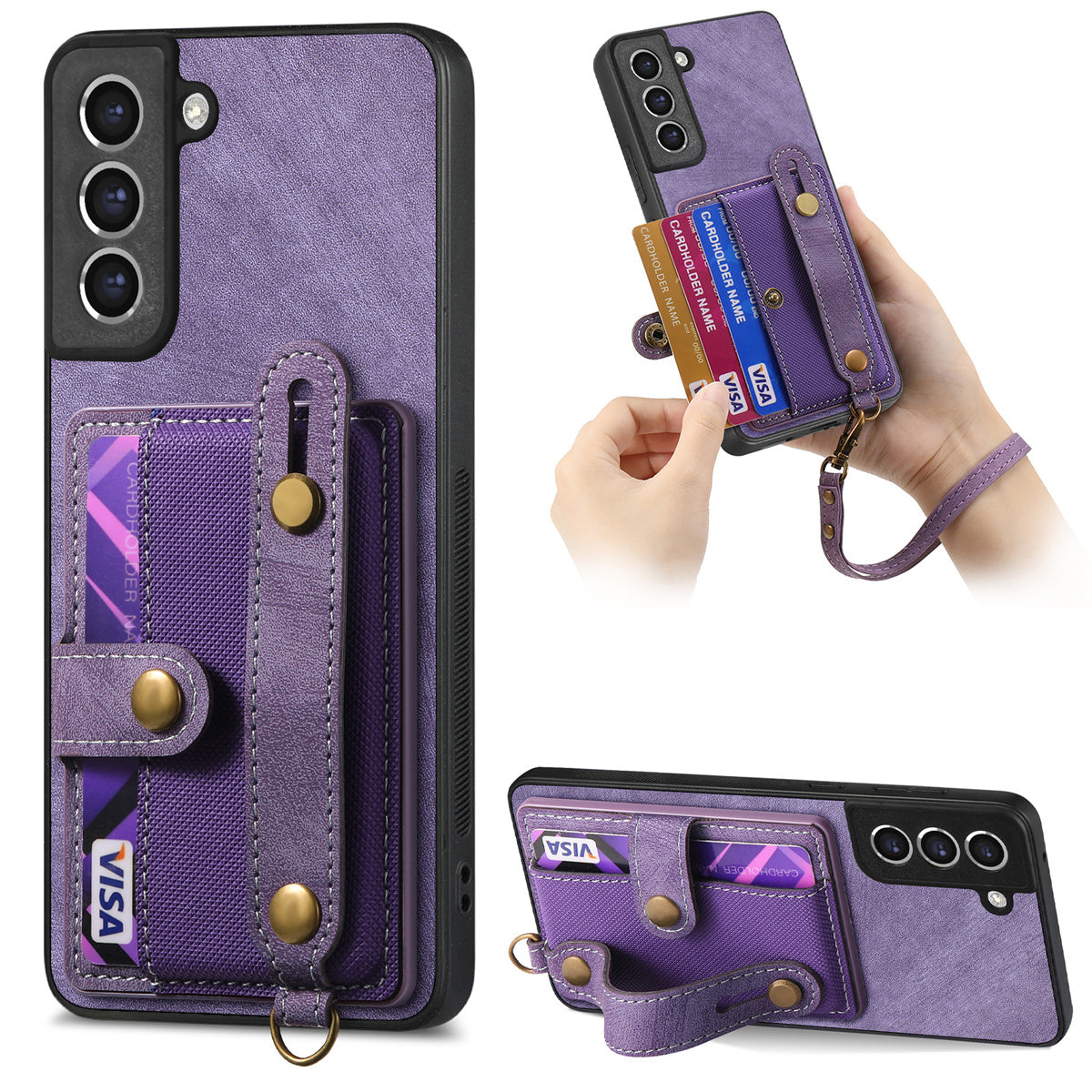 D9 For Samsung Galaxy S21 FE 5G Case PU Leather Card Holder Back Cover with Hand Strap