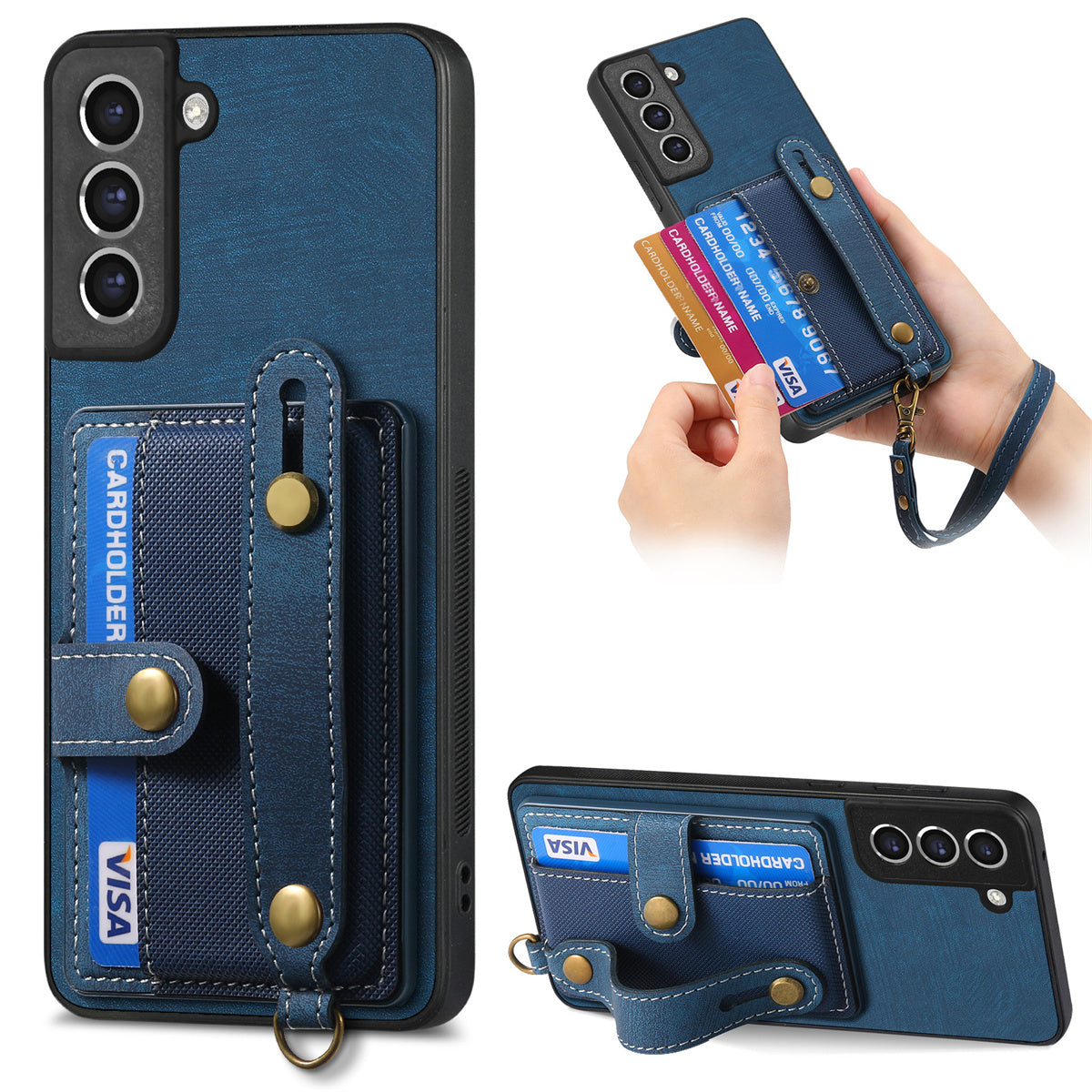 D9 For Samsung Galaxy S21 FE 5G Case PU Leather Card Holder Back Cover with Hand Strap