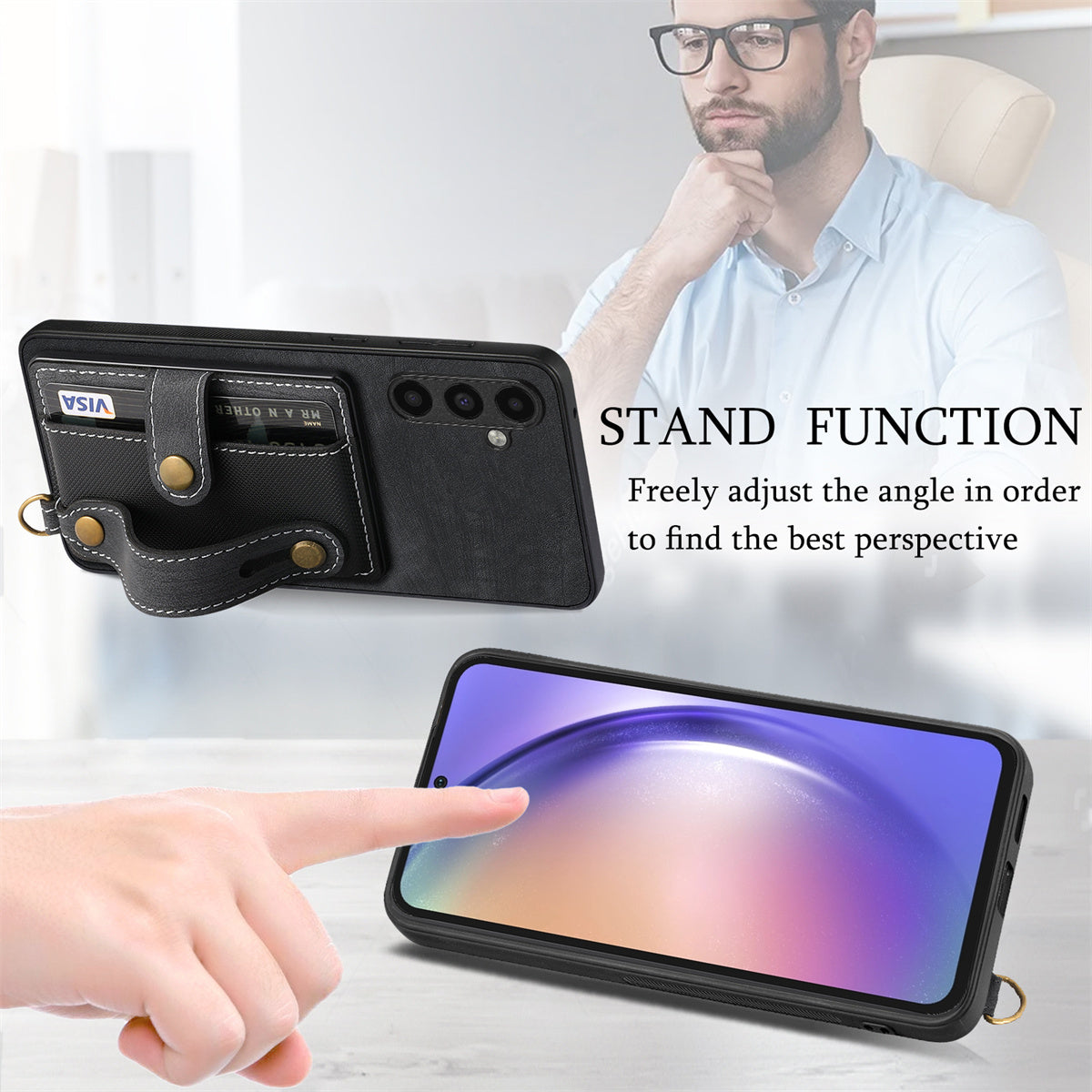 D9 For Samsung Galaxy A55 5G Case Wristband PU Leather+PC+TPU Card Slots Phone Cover