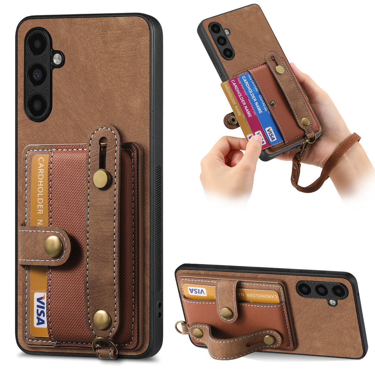D9 For Samsung Galaxy A55 5G Case Wristband PU Leather+PC+TPU Card Slots Phone Cover