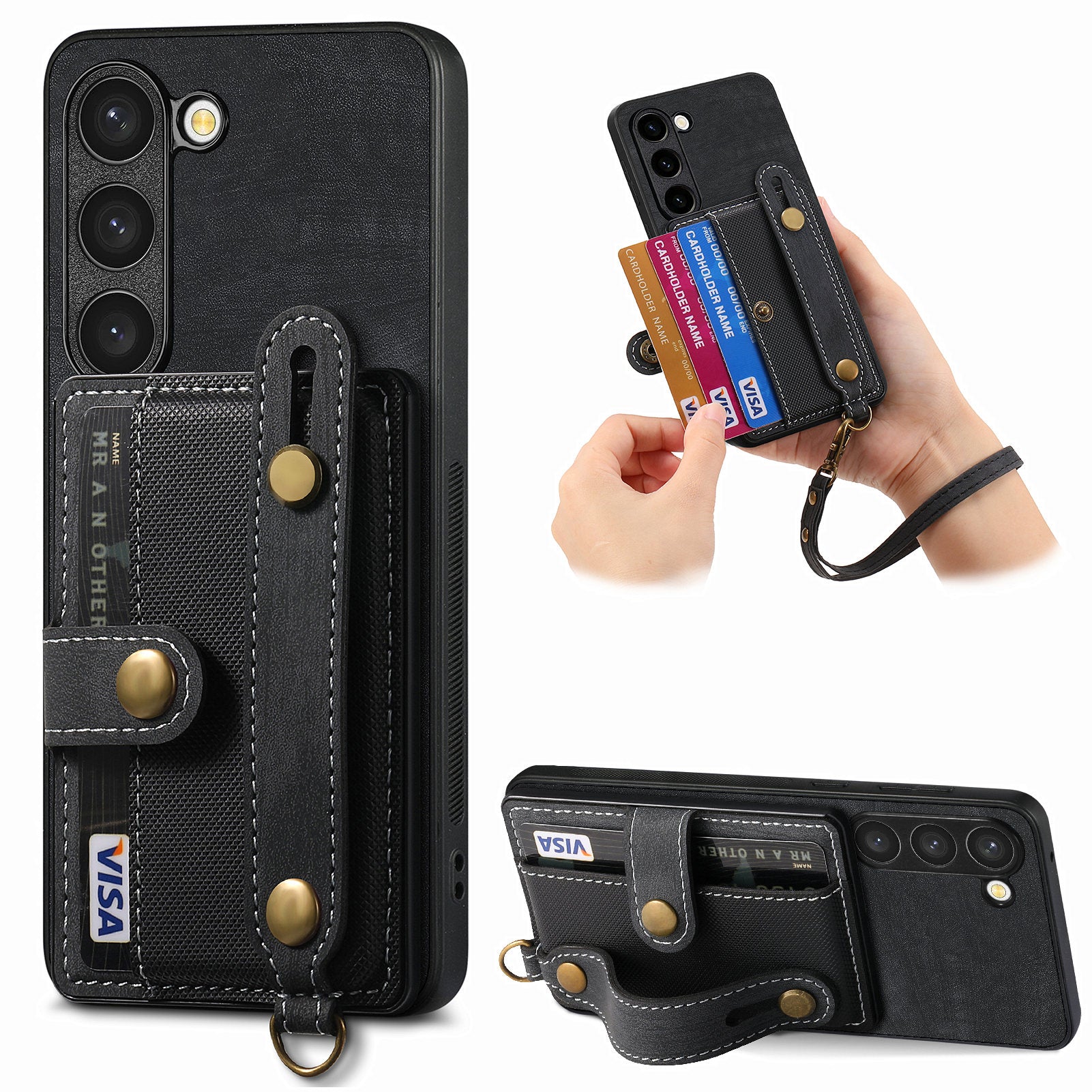 D9 For Samsung Galaxy S23 Case Retro Leather Coated TPU+PC Protective Cover with Wrist Strap