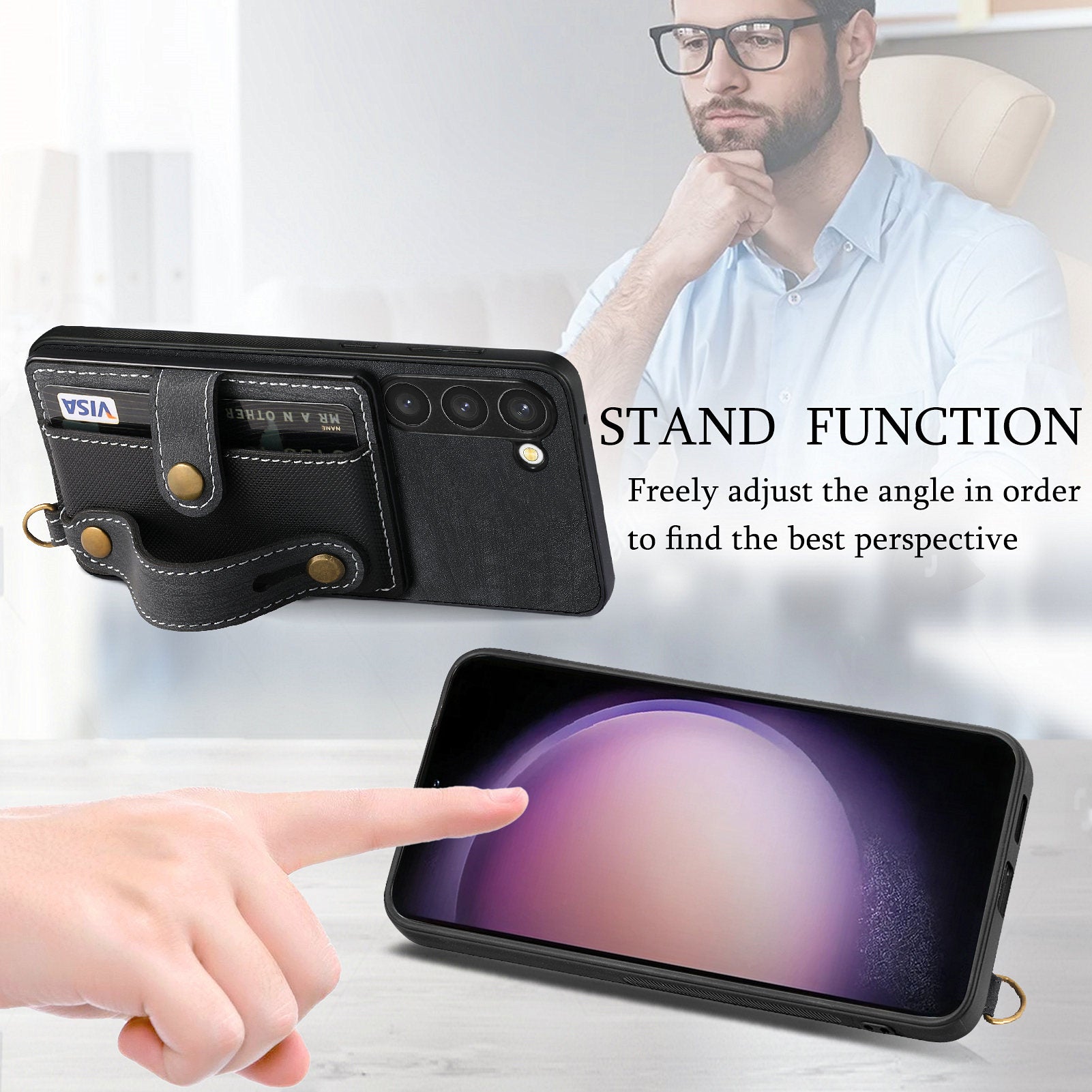 D9 For Samsung Galaxy S23 Case Retro Leather Coated TPU+PC Protective Cover with Wrist Strap