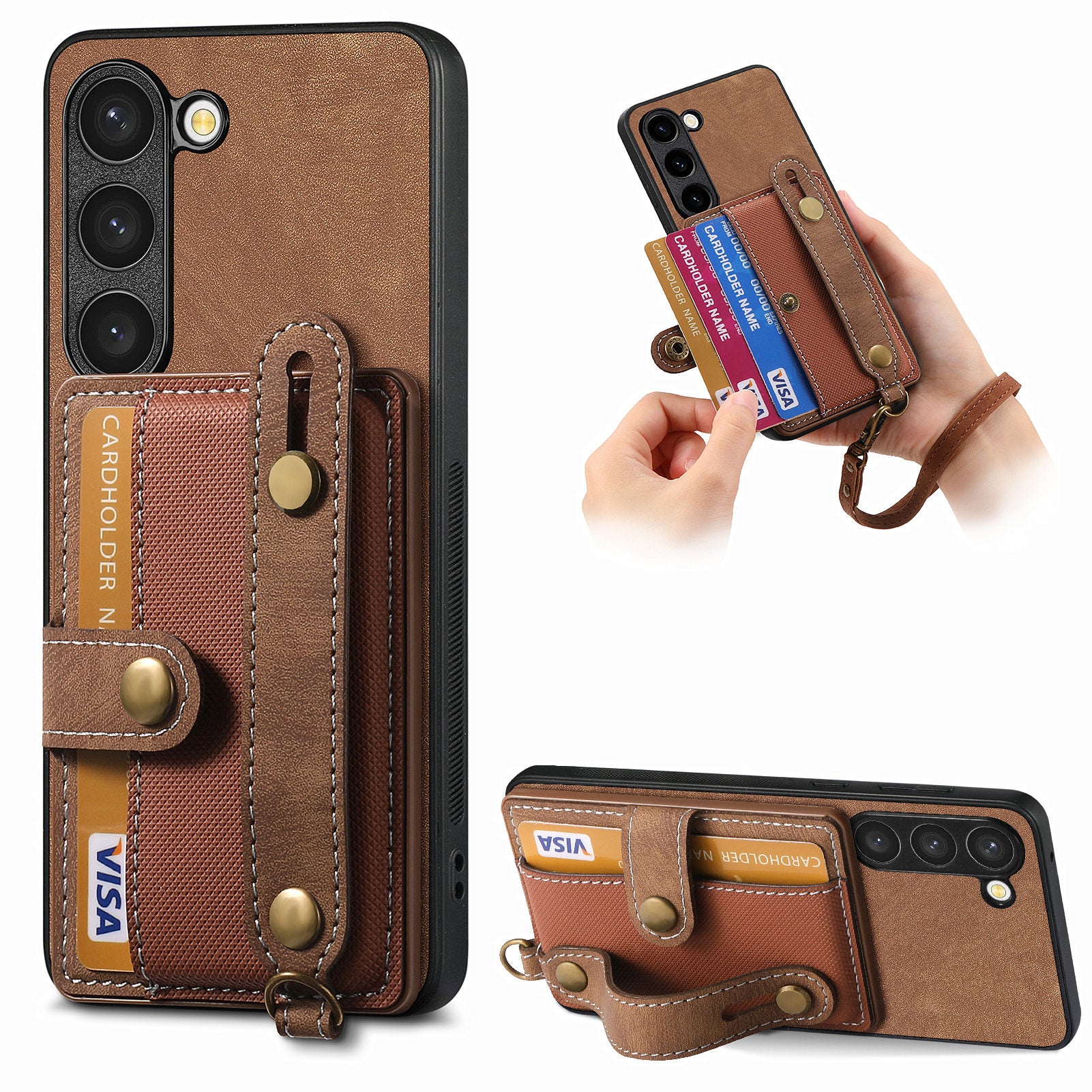 D9 For Samsung Galaxy S23 Case Retro Leather Coated TPU+PC Protective Cover with Wrist Strap