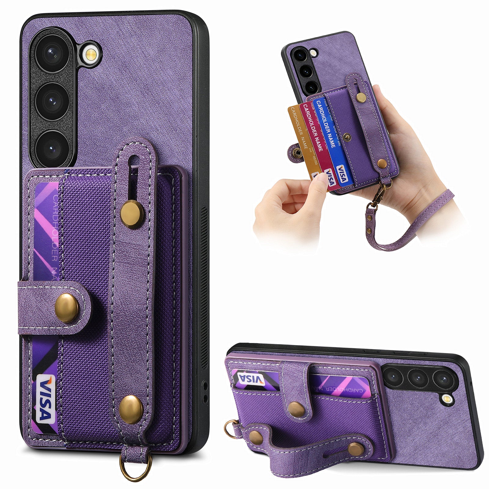 D9 For Samsung Galaxy S23 Case Retro Leather Coated TPU+PC Protective Cover with Wrist Strap