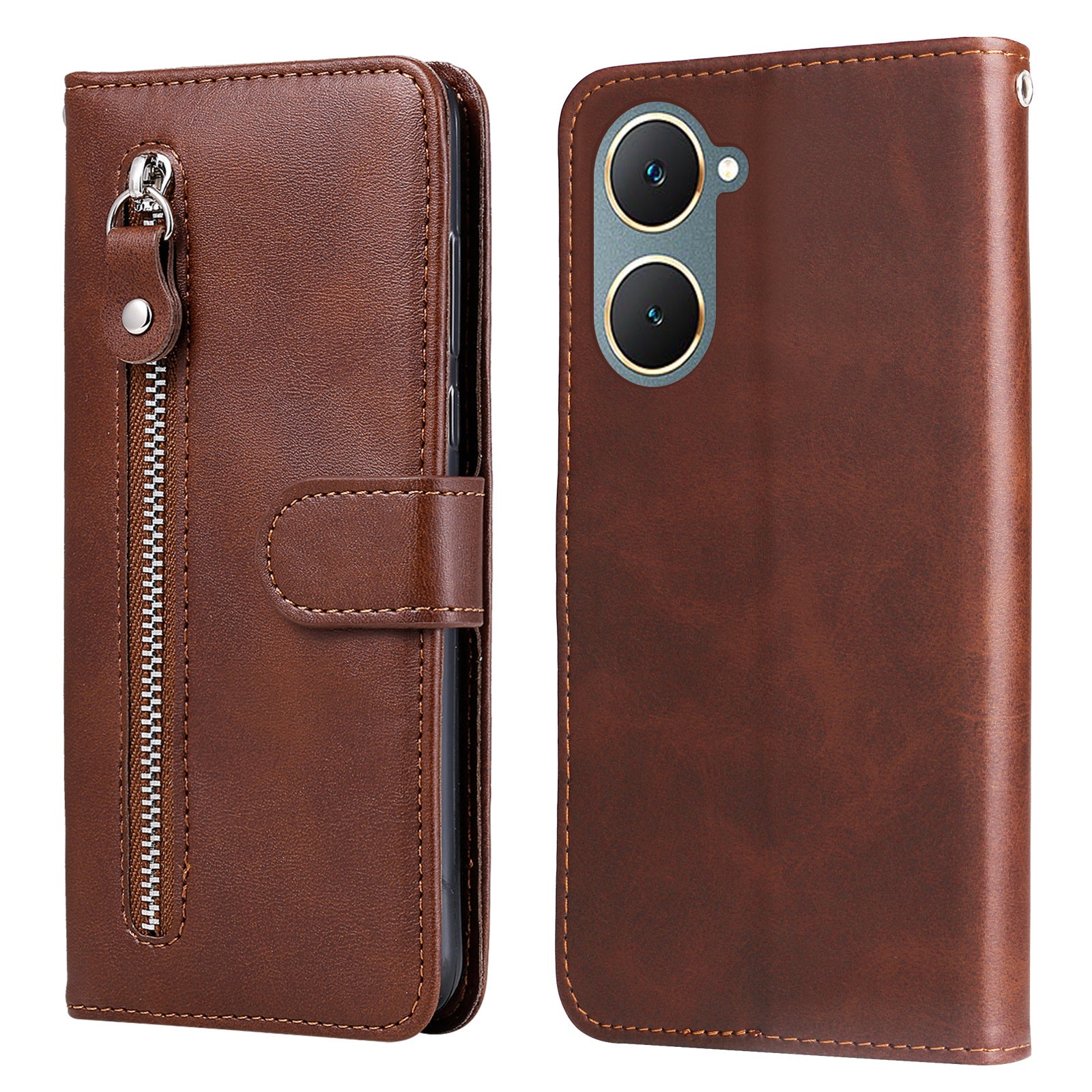 For vivo Y03 Case Zipper Pocket Wallet Calf Texture Leather Phone Cover