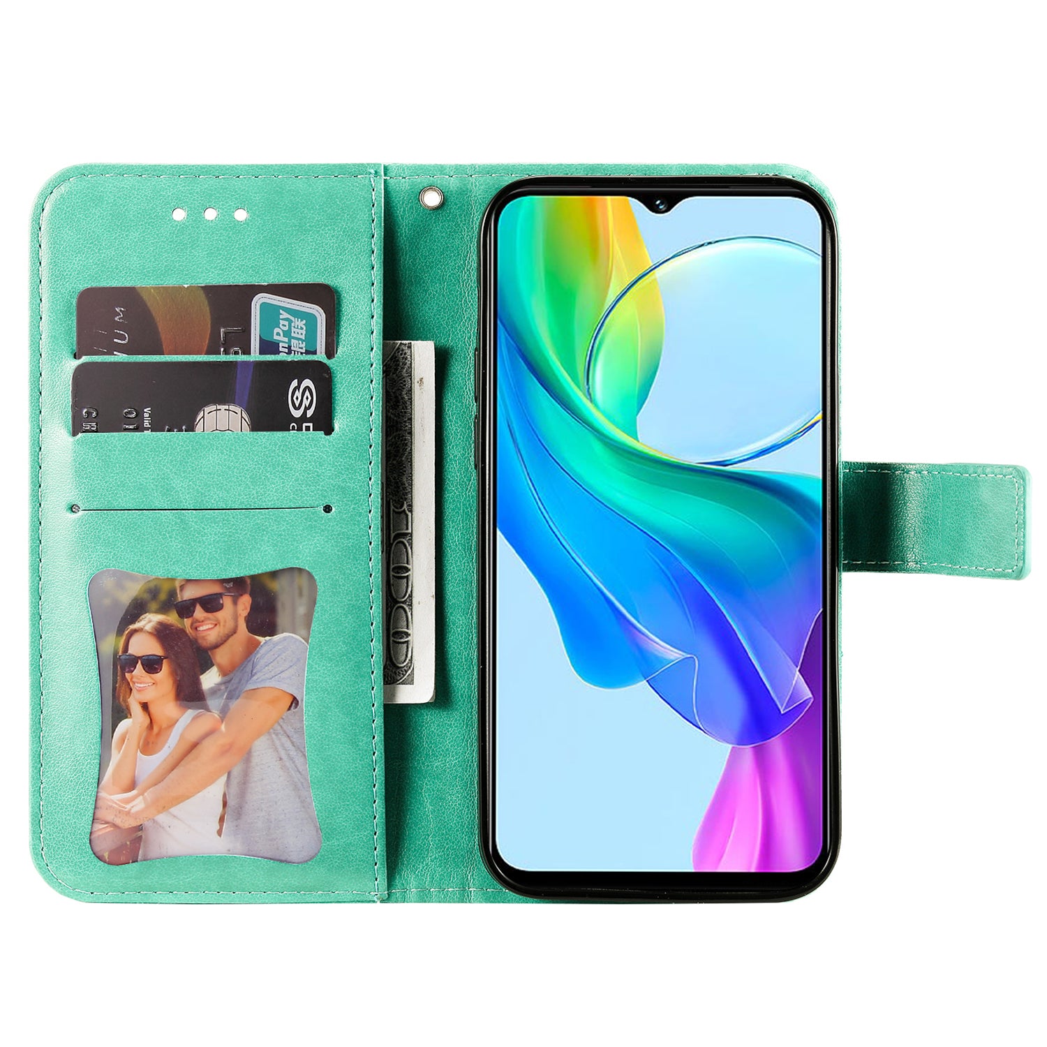 For vivo Y03 Cell Phone Cases Imprinted Flower Pattern Stand Cover with Hand Strap