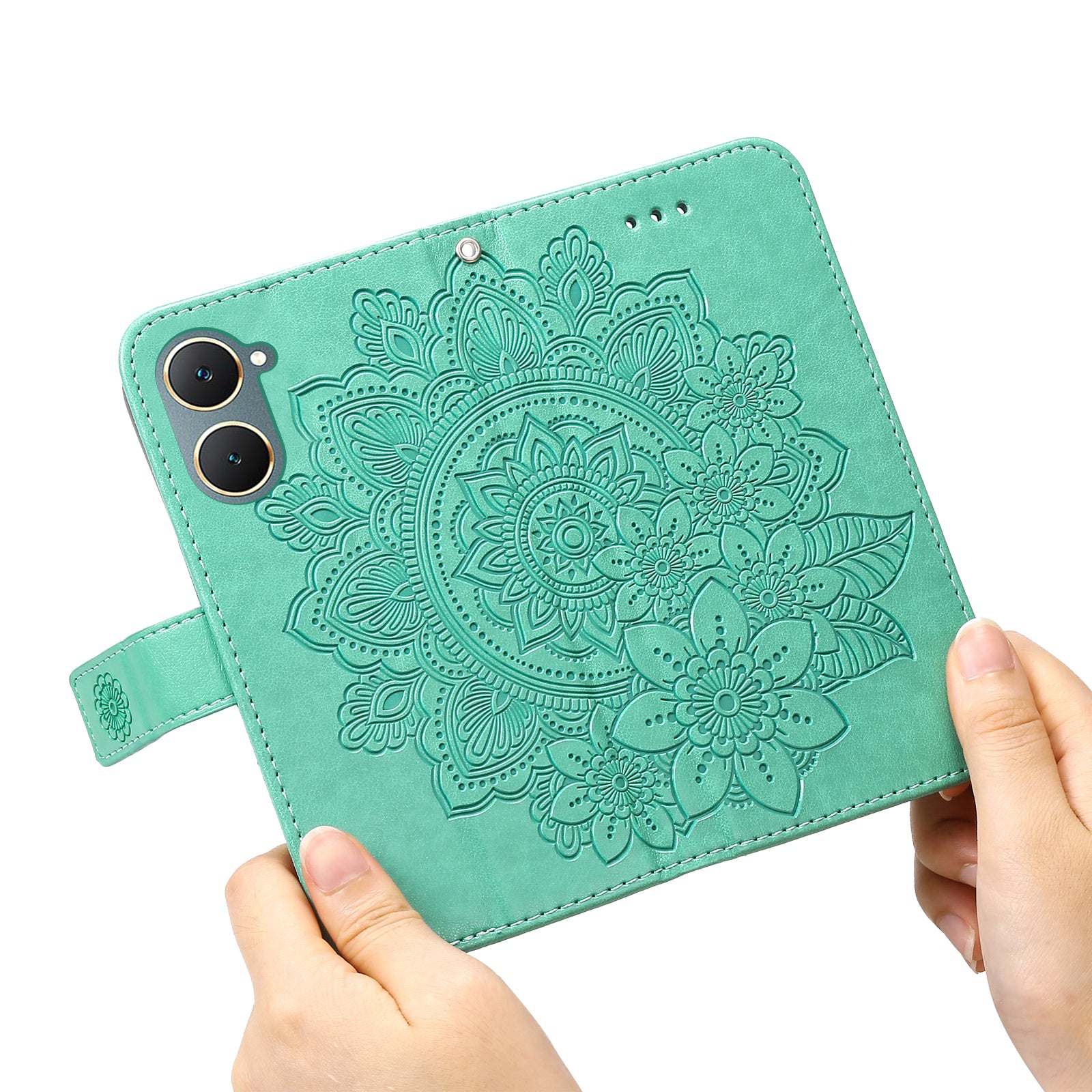 For vivo Y03 Cell Phone Cases Imprinted Flower Pattern Stand Cover with Hand Strap