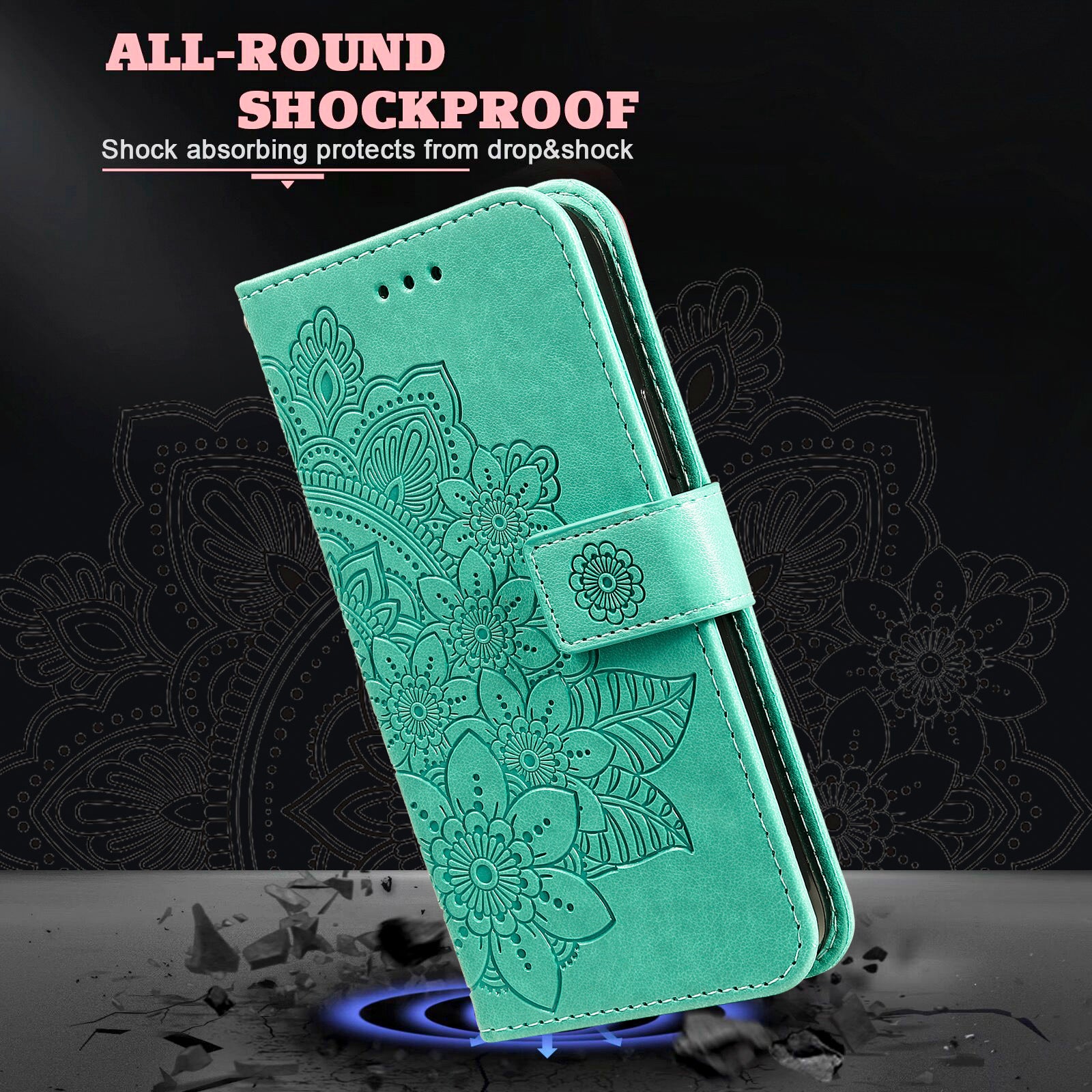 For vivo Y03 Cell Phone Cases Imprinted Flower Pattern Stand Cover with Hand Strap