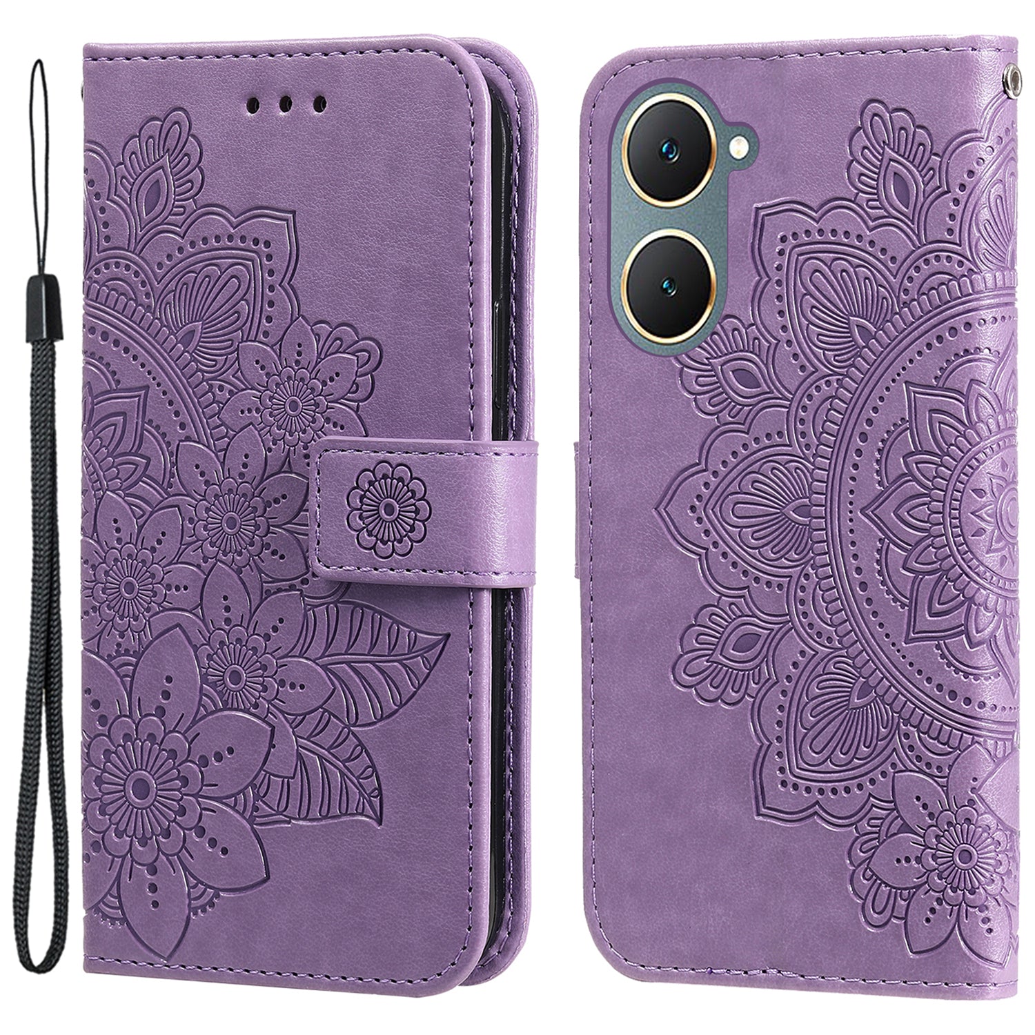 For vivo Y03 Cell Phone Cases Imprinted Flower Pattern Stand Cover with Hand Strap