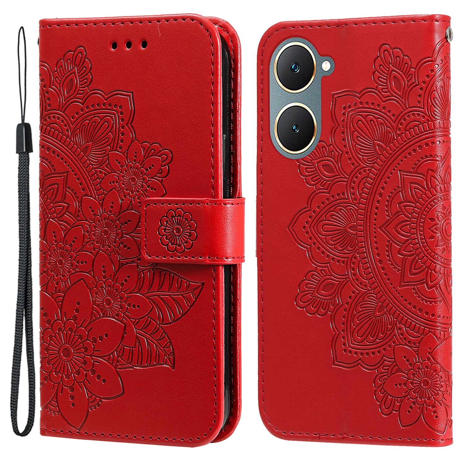 For vivo Y03 Cell Phone Cases Imprinted Flower Pattern Stand Cover with Hand Strap