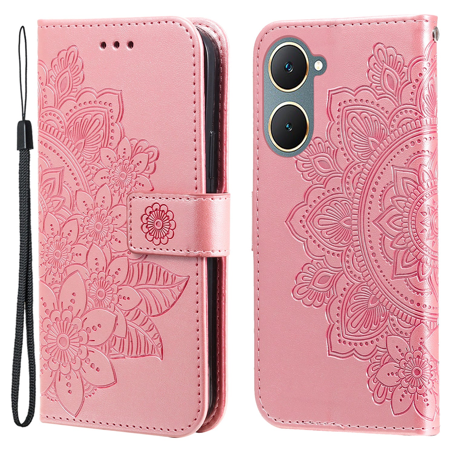 For vivo Y03 Cell Phone Cases Imprinted Flower Pattern Stand Cover with Hand Strap