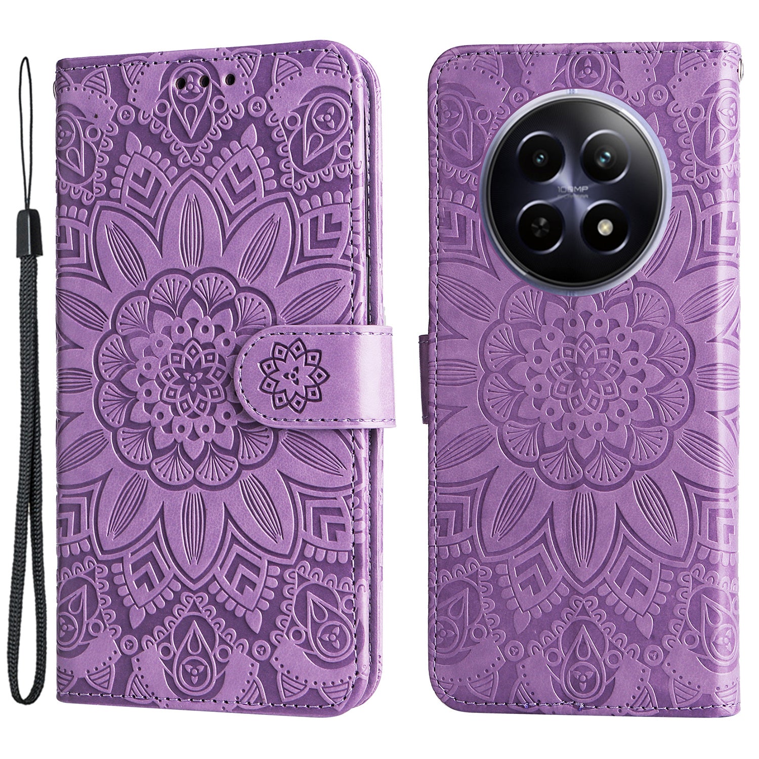 For Realme 12 Wallet Feature PU Leather Phone Case Imprinted Sunflower Stand Phone Cover
