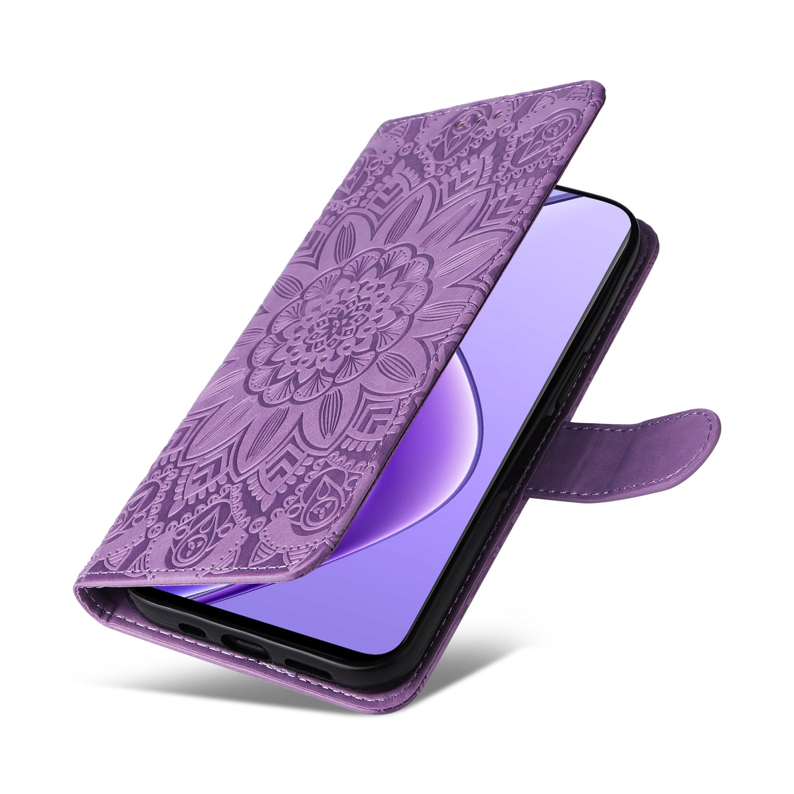 For Realme 12 Wallet Feature PU Leather Phone Case Imprinted Sunflower Stand Phone Cover