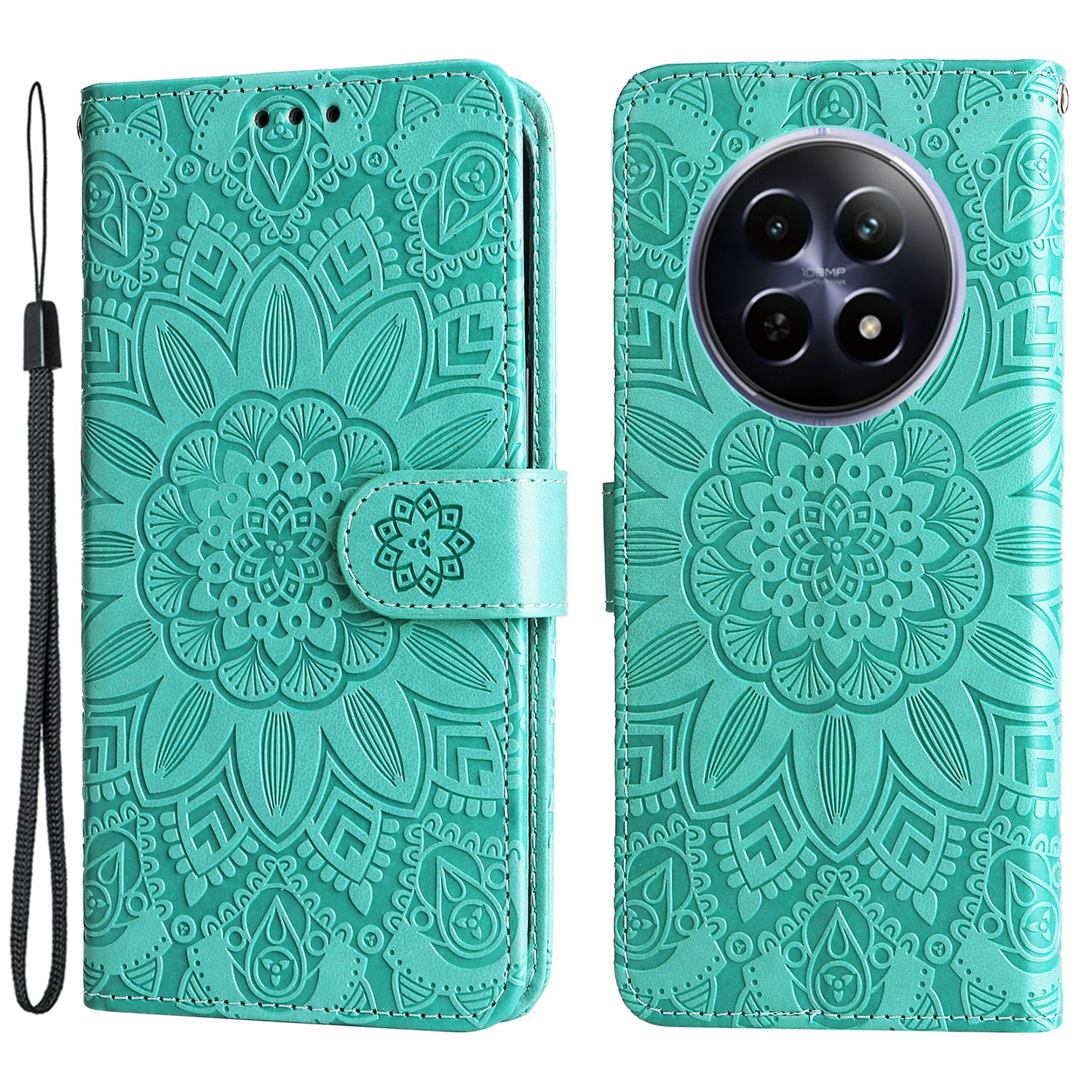 For Realme 12 Wallet Feature PU Leather Phone Case Imprinted Sunflower Stand Phone Cover