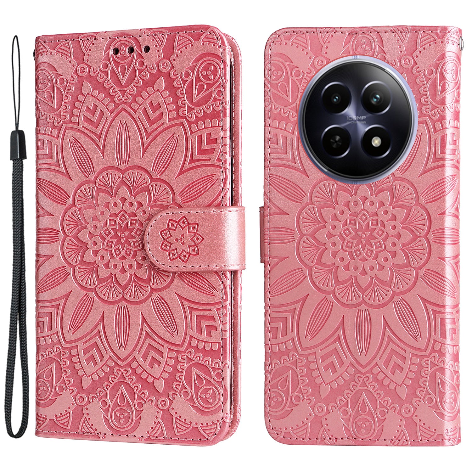 For Realme 12 Wallet Feature PU Leather Phone Case Imprinted Sunflower Stand Phone Cover