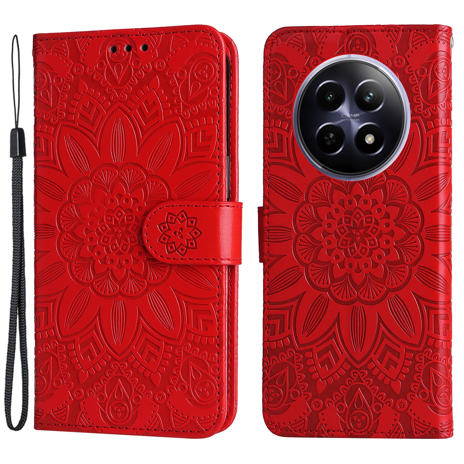 For Realme 12 Wallet Feature PU Leather Phone Case Imprinted Sunflower Stand Phone Cover