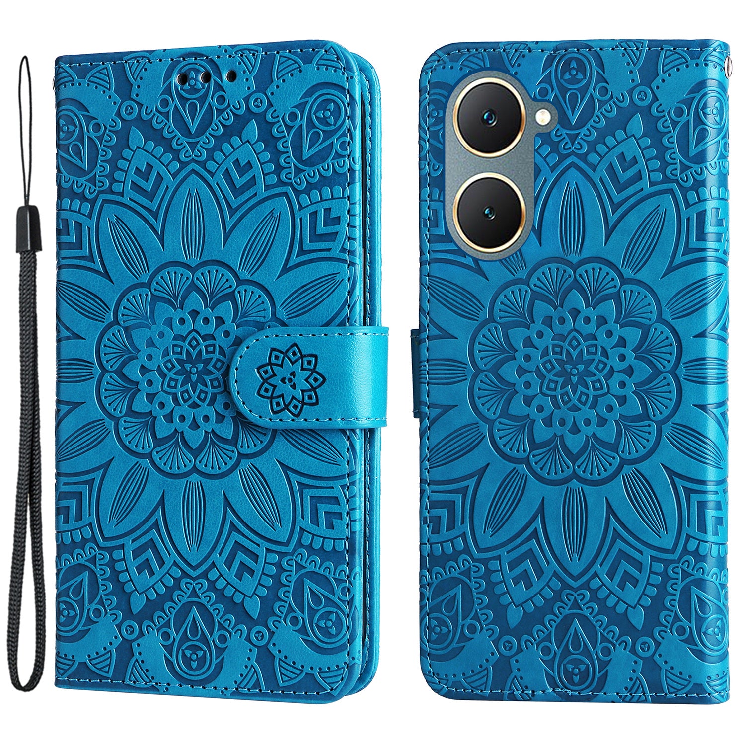 For vivo Y03 PU Leather Phone Shell Imprinted Sunflower Phone Stand Card Holder Cover