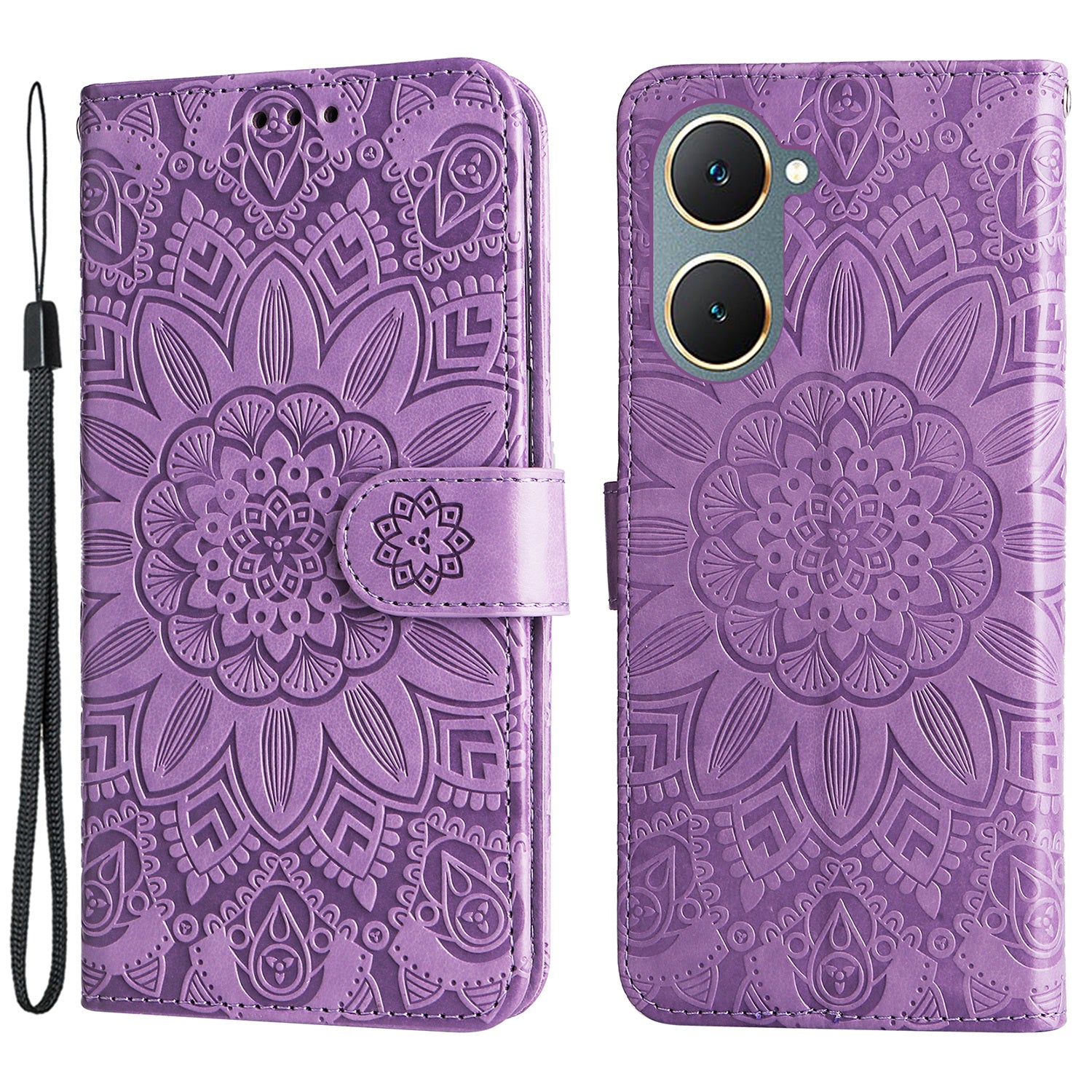 For vivo Y03 PU Leather Phone Shell Imprinted Sunflower Phone Stand Card Holder Cover