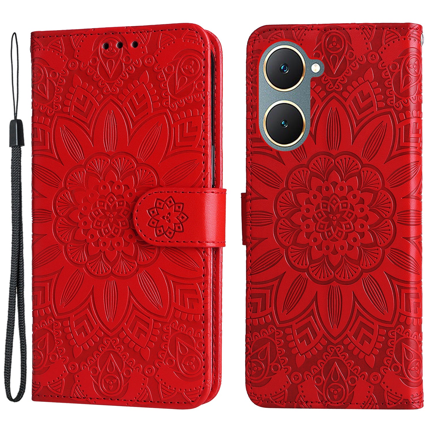 For vivo Y03 PU Leather Phone Shell Imprinted Sunflower Phone Stand Card Holder Cover