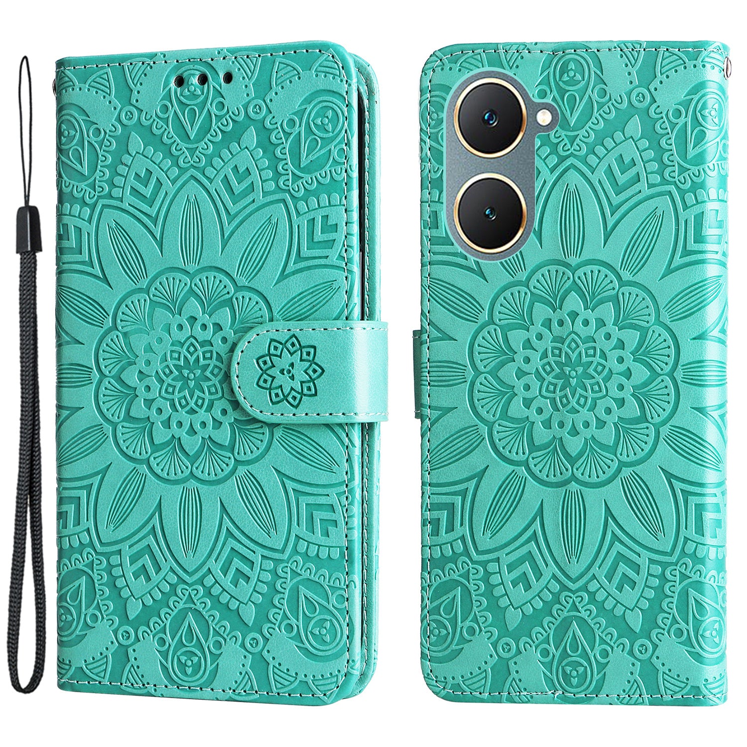 For vivo Y03 PU Leather Phone Shell Imprinted Sunflower Phone Stand Card Holder Cover