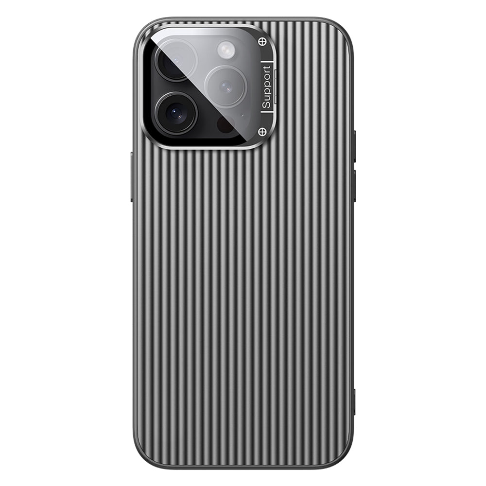 For iPhone 15 Pro Max Magnetic Case Metal Lens Frame Kickstand PC+TPU Phone Cover with Lens Film
