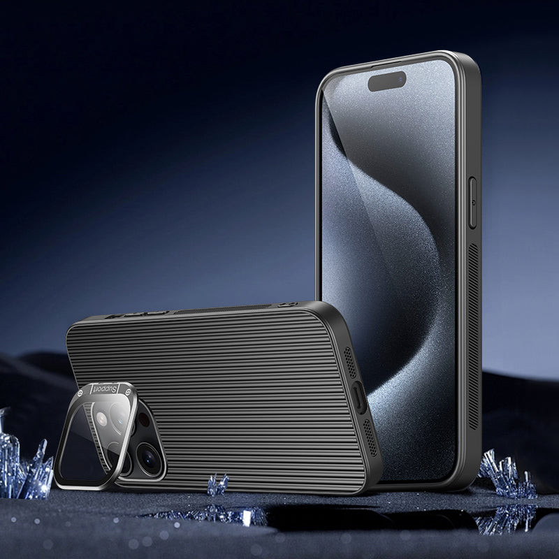 For iPhone 15 Pro Max Magnetic Case Metal Lens Frame Kickstand PC+TPU Phone Cover with Lens Film